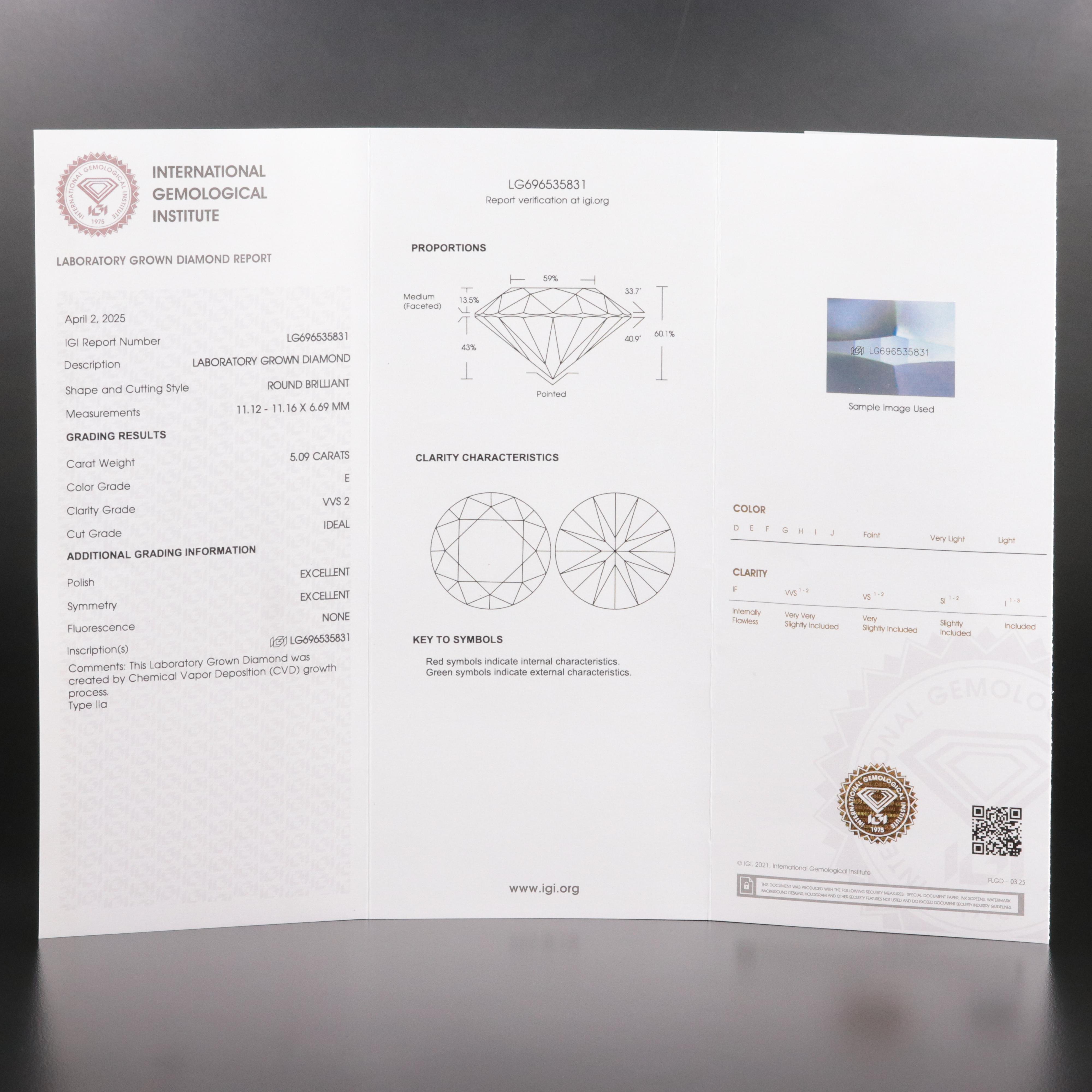 Loose 5.09 CT Lab Grown Diamond with IGI Report