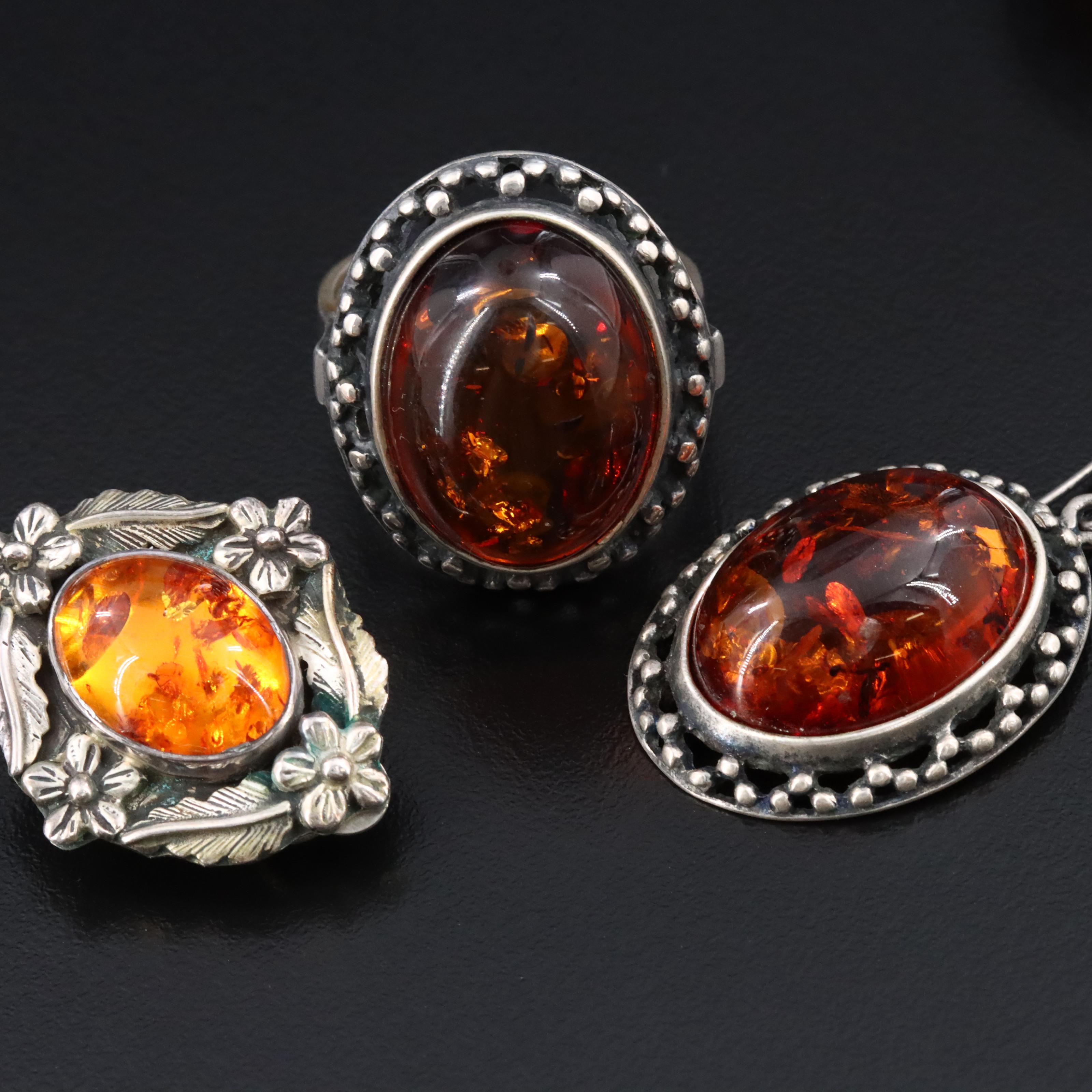 Collection of Sterling Amber Jewelry Including Polish & Carol Felley