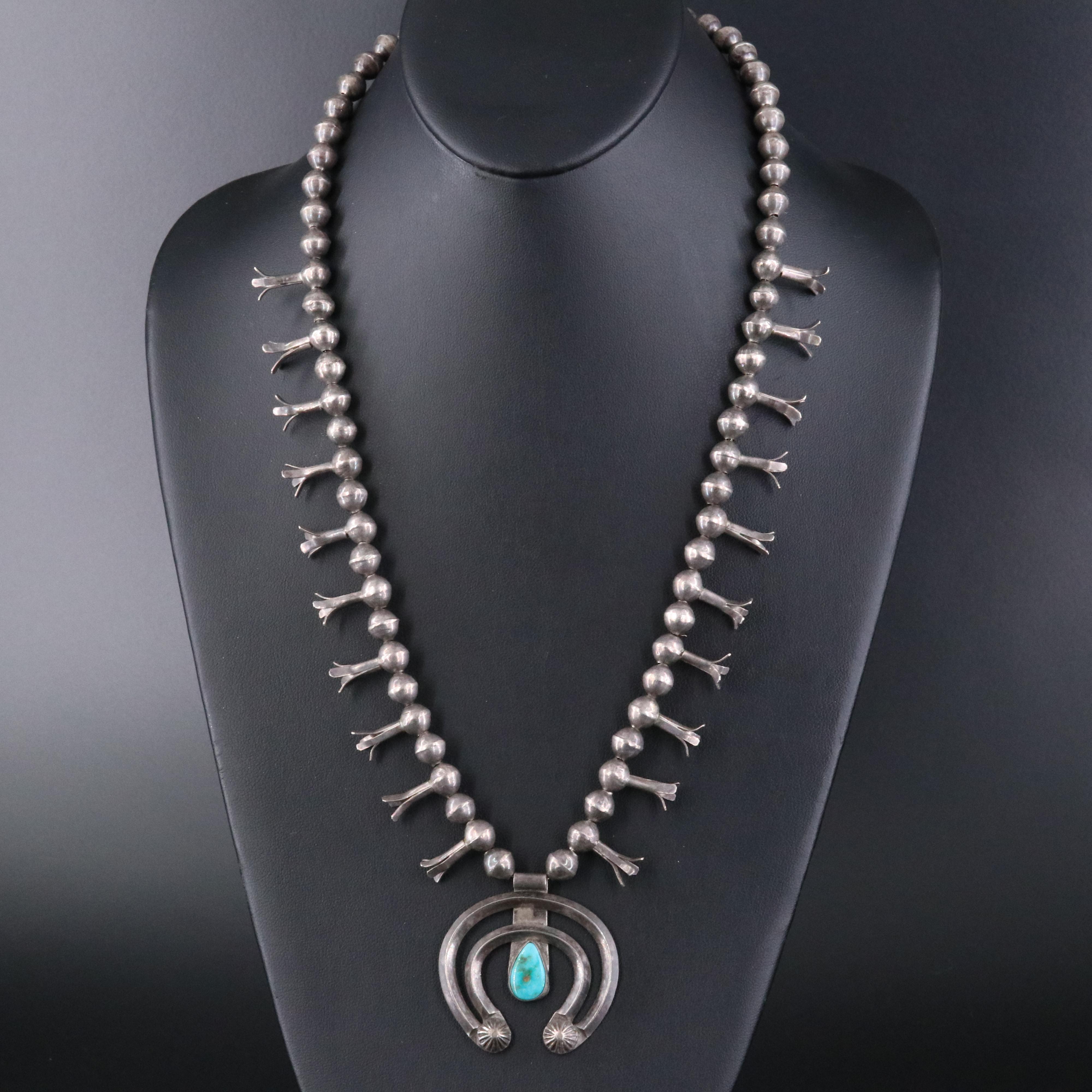 Southwestern Sterling Turquoise Squash Blossom Necklace