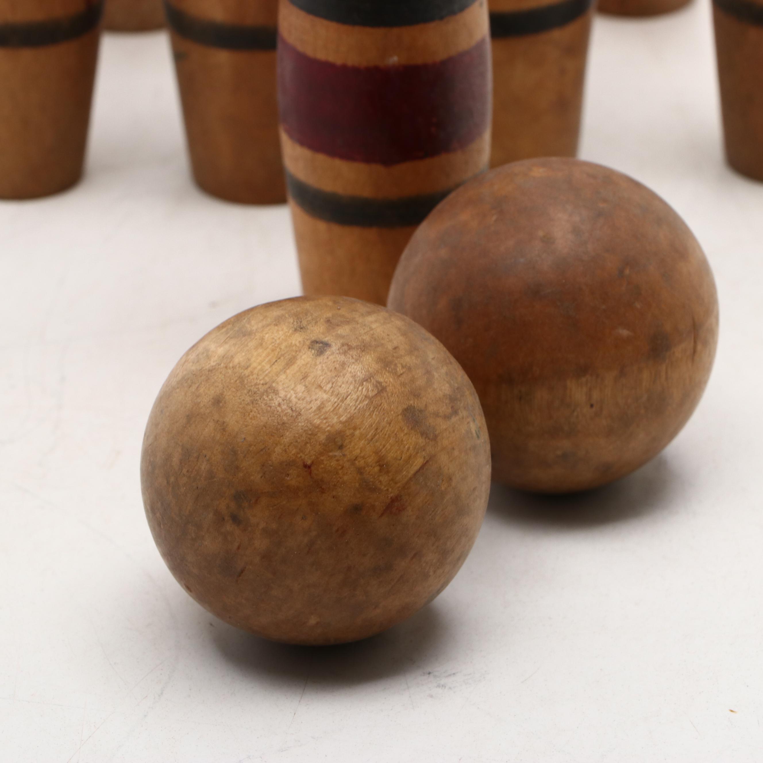 Miniature Handcrafted Wooden Bowling Pins and Balls, Mid-20th Century