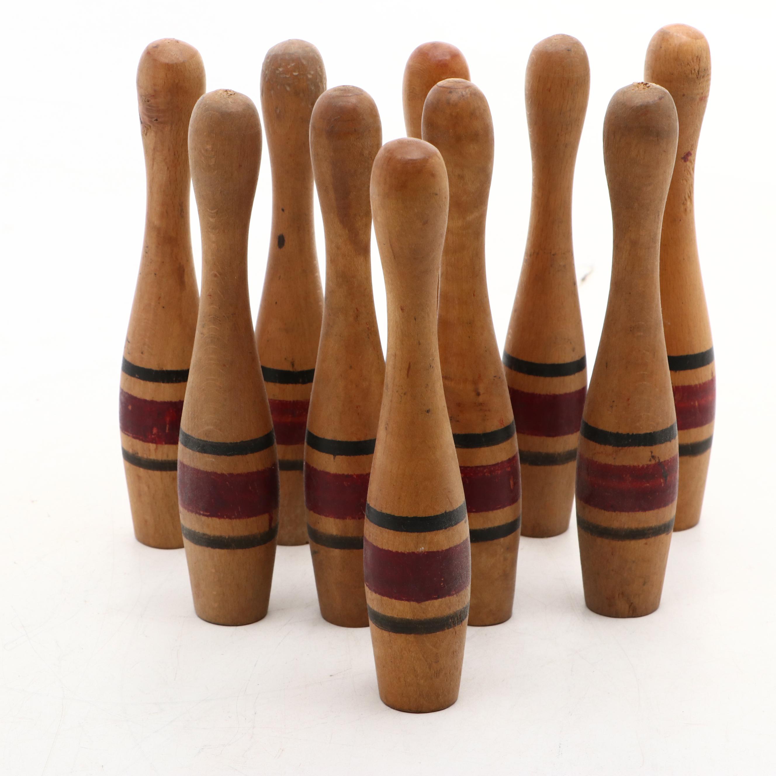 Miniature Handcrafted Wooden Bowling Pins and Balls, Mid-20th Century