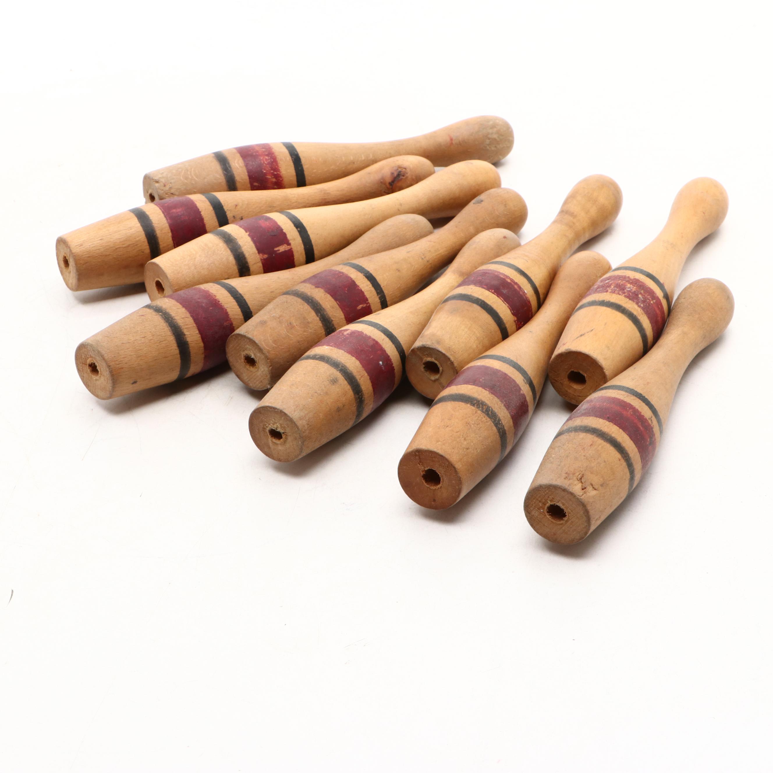 Miniature Handcrafted Wooden Bowling Pins and Balls, Mid-20th Century