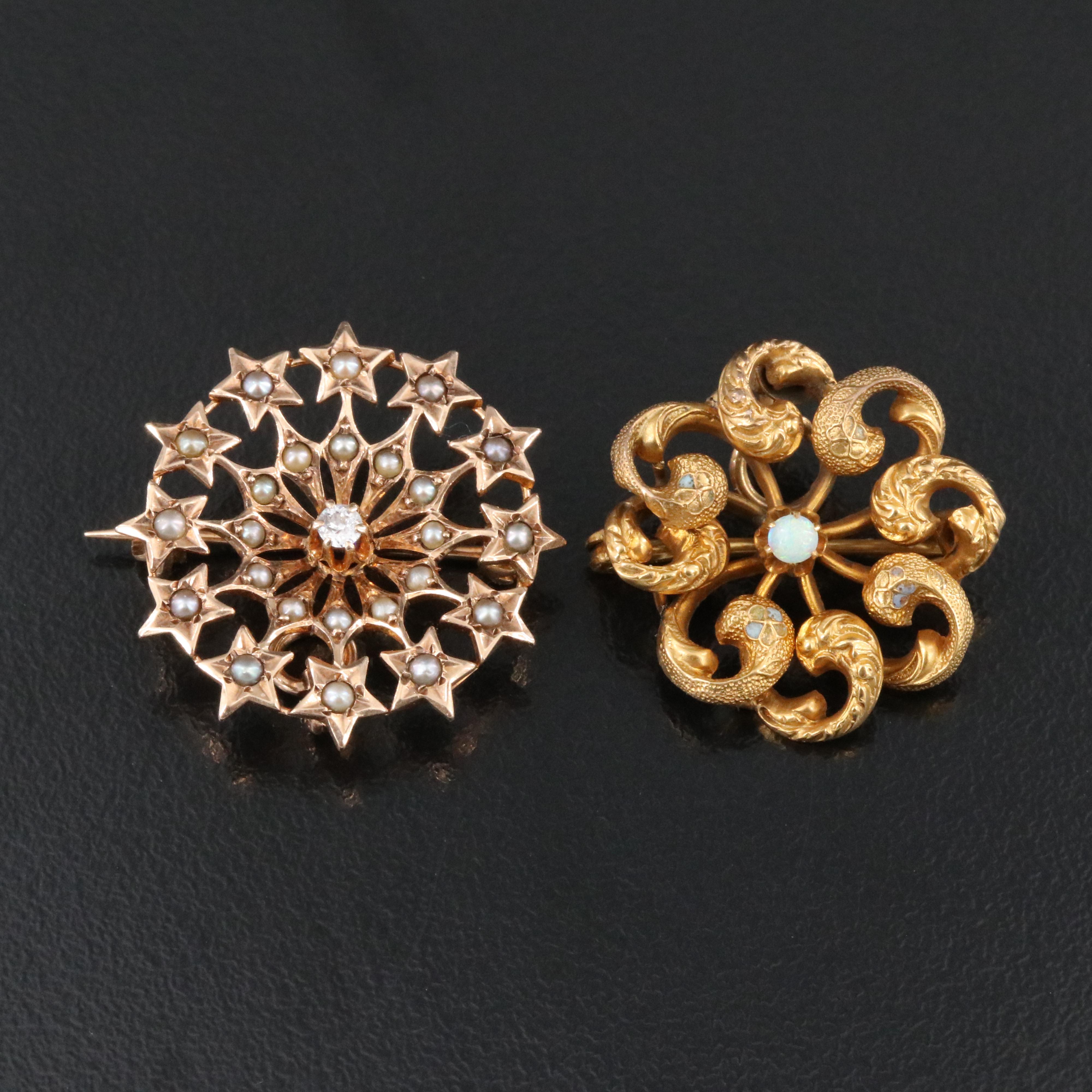 Early 1900 10K Opal, Seed Pearl, Diamond Star & Forget-Me-Not Pinwheel Converter