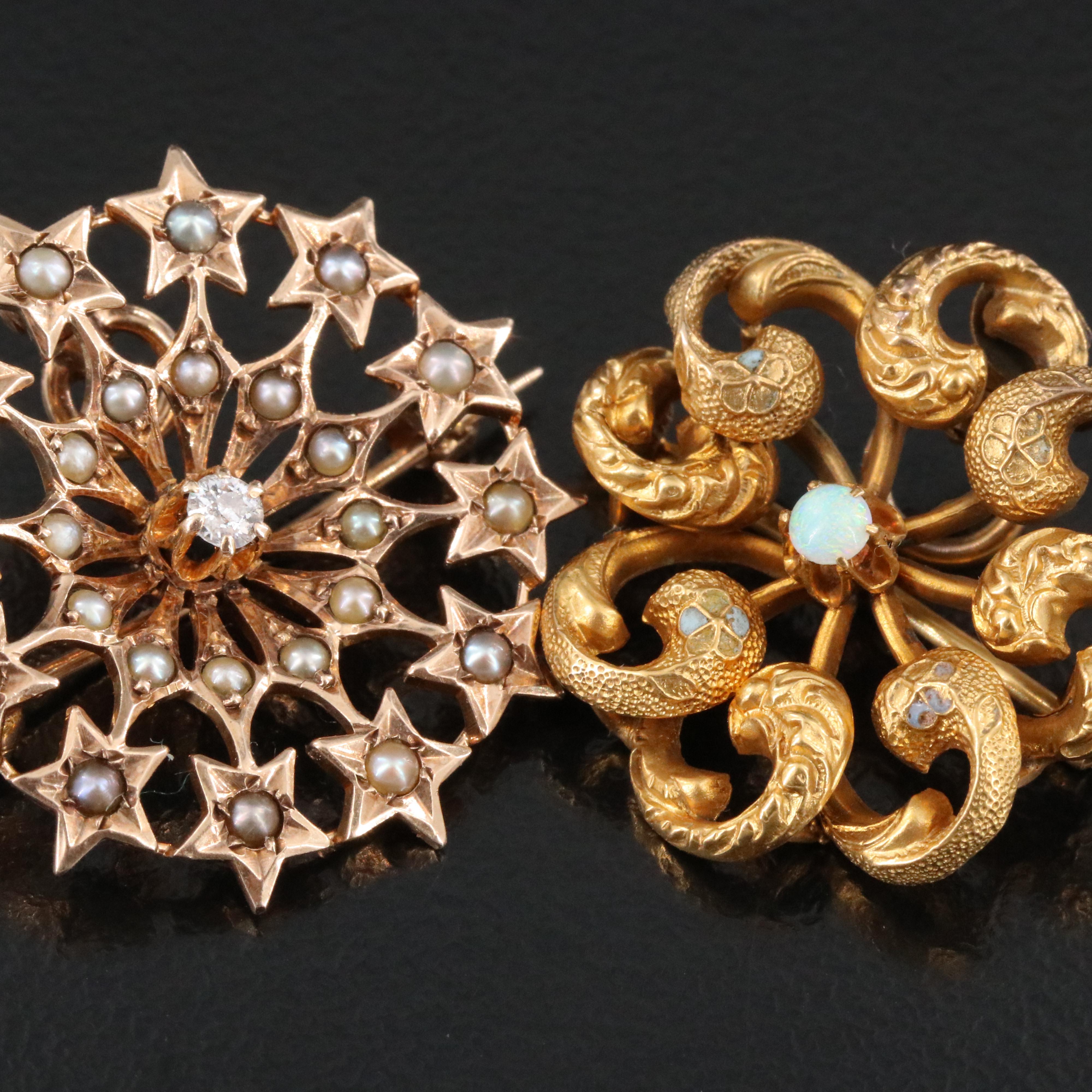 Early 1900 10K Opal, Seed Pearl, Diamond Star & Forget-Me-Not Pinwheel Converter