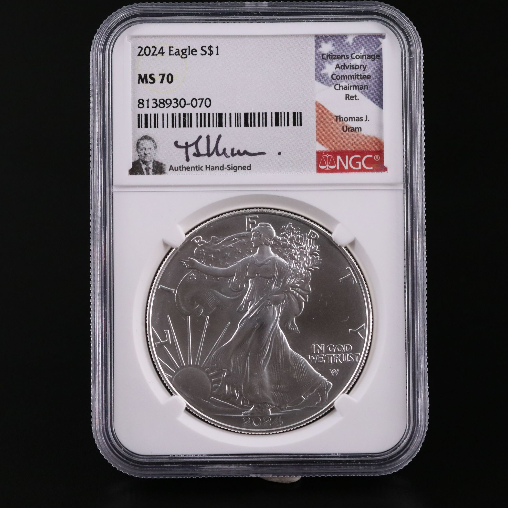 NGC Graded MS70 2024 $1 U.S. Silver Eagle Signed by Uram