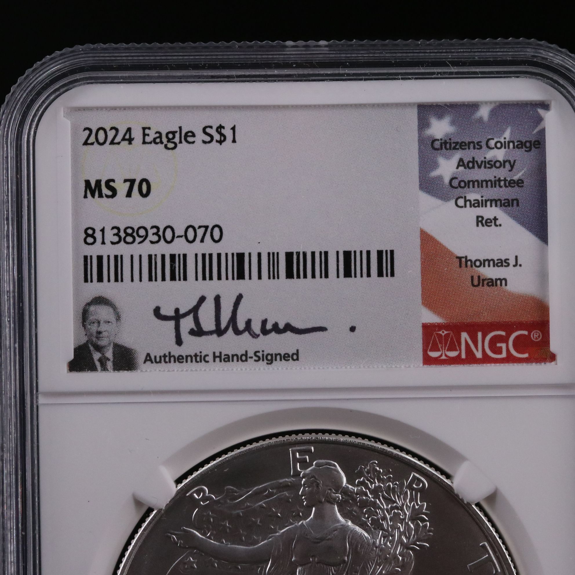 NGC Graded MS70 2024 $1 U.S. Silver Eagle Signed by Uram