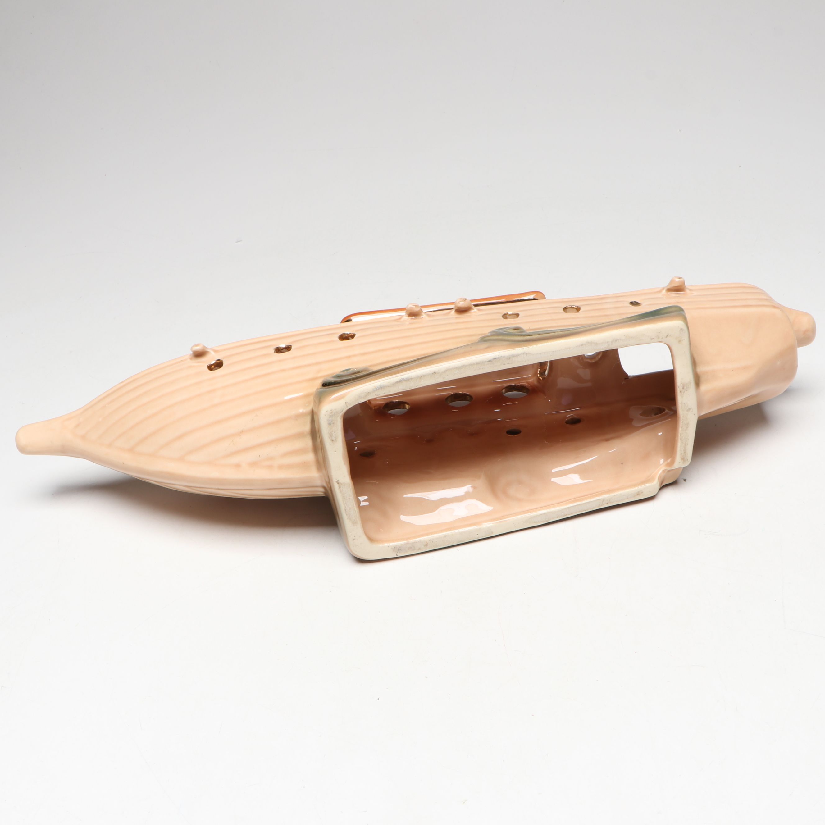 McCoy Pink Leaf Vases with Gilt Ceramic Boat, Mid-20th Century