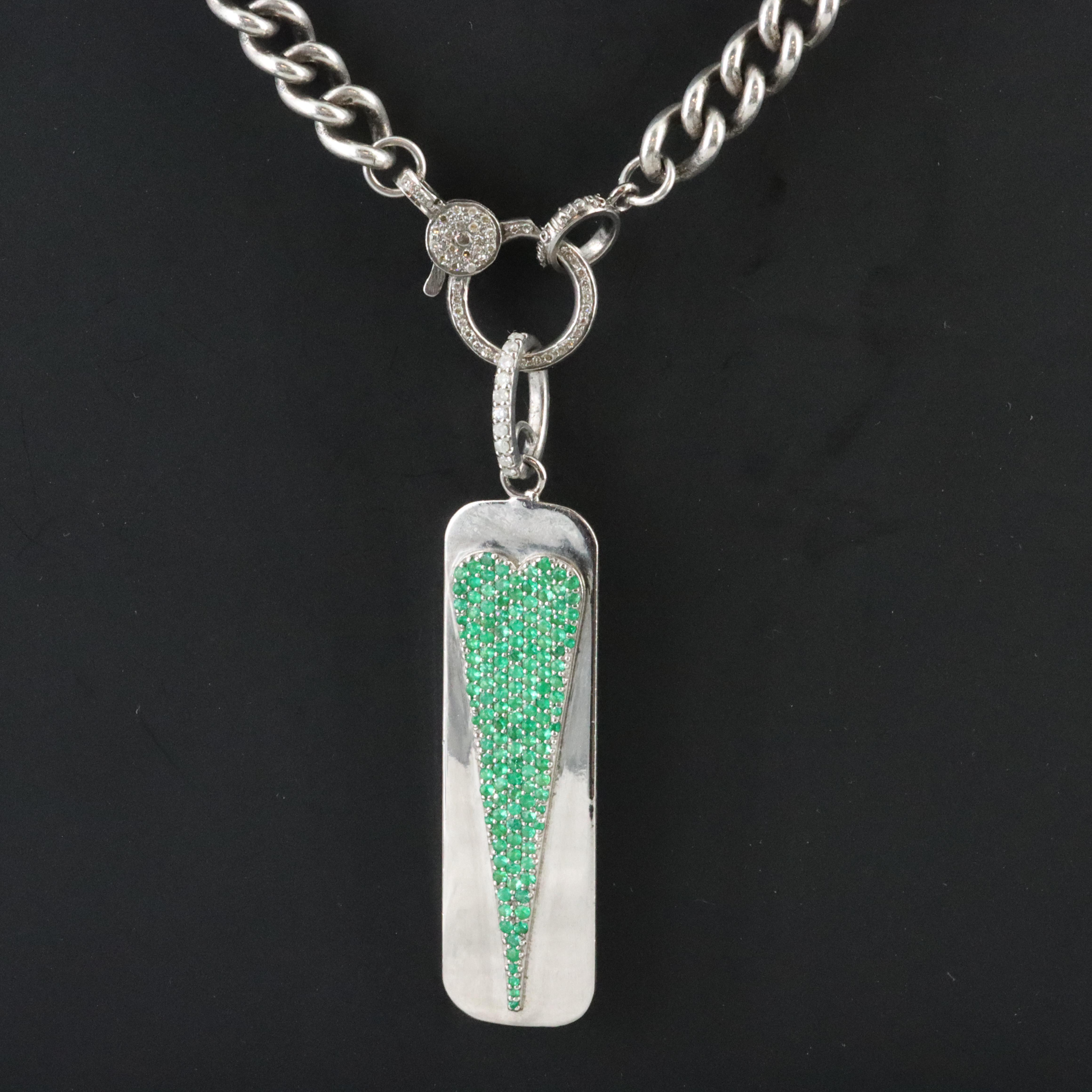 Sheryl Lowe Emerald Pavé Triangle Pendant and Curb Chain with Diamond Accents