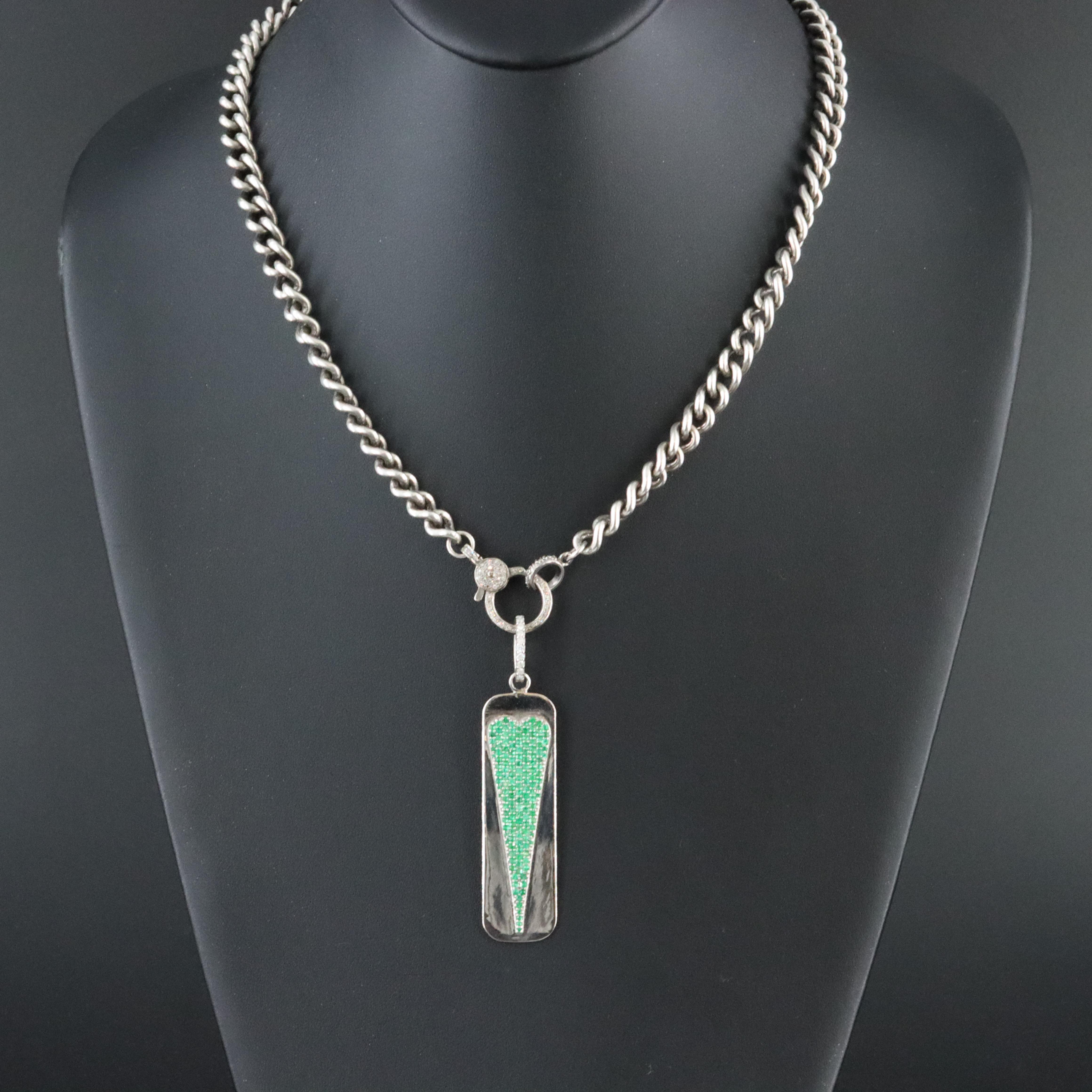 Sheryl Lowe Emerald Pavé Triangle Pendant and Curb Chain with Diamond Accents