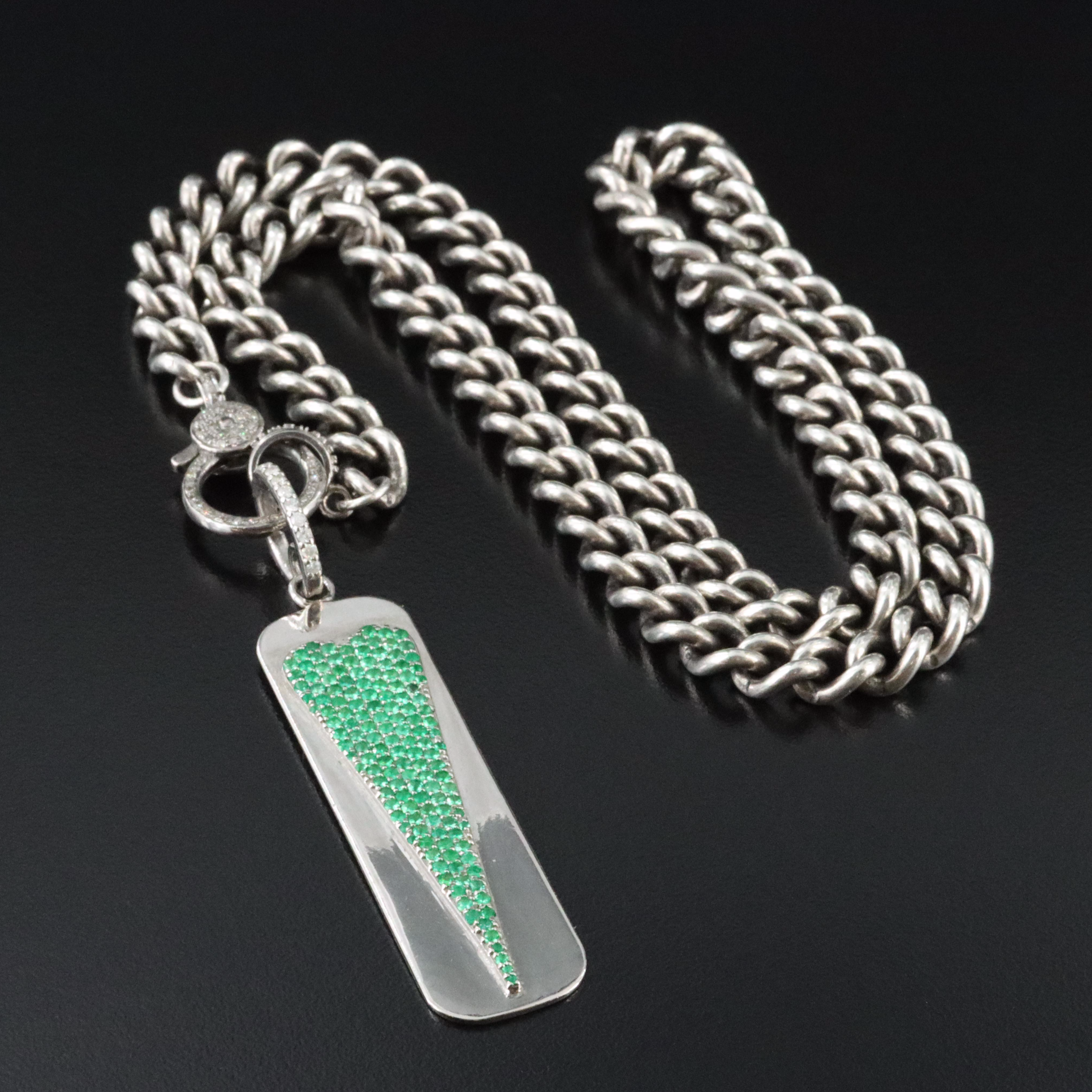 Sheryl Lowe Emerald Pavé Triangle Pendant and Curb Chain with Diamond Accents