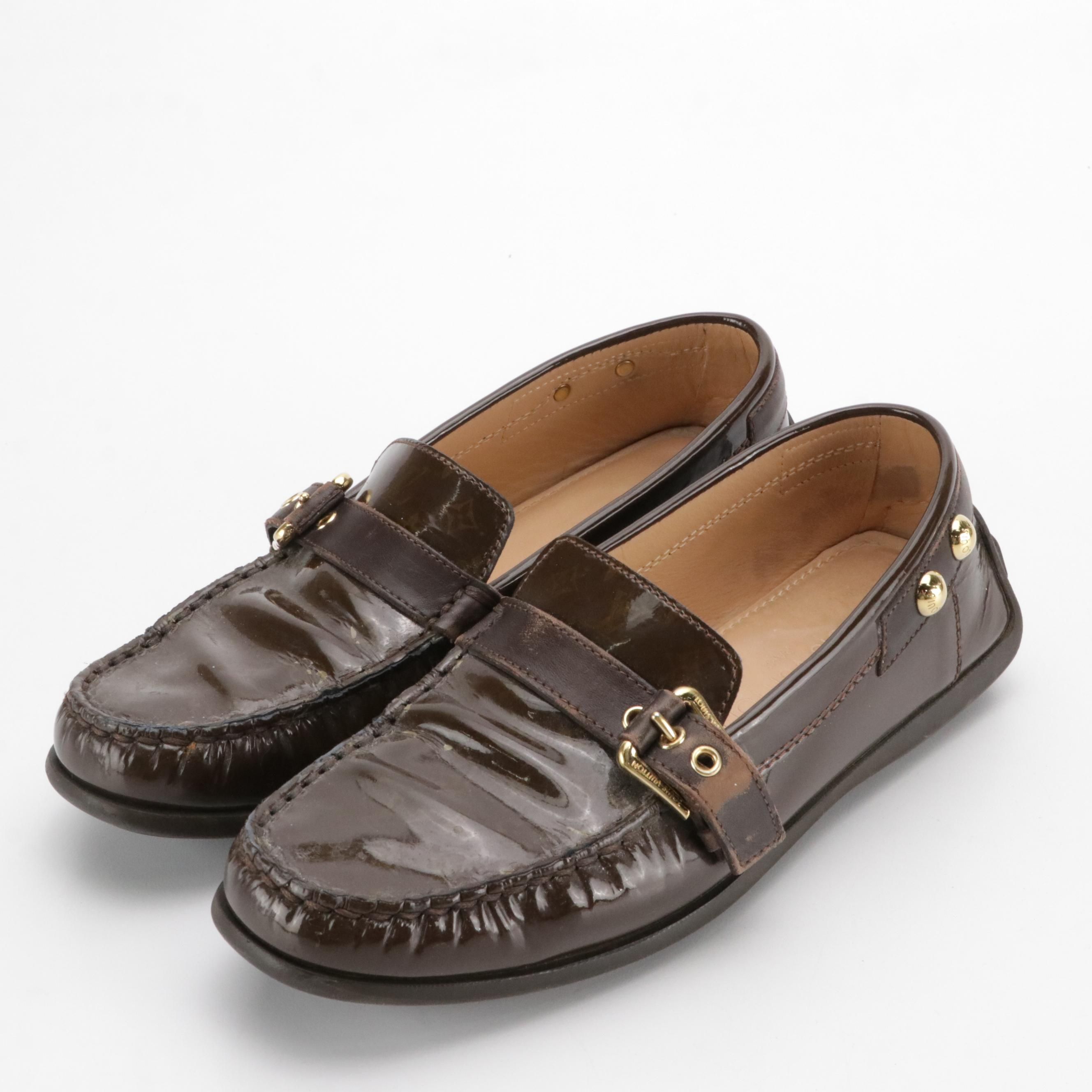Louis Vuitton Monogram Patent Leather and Leather Buckle Strap Loafers