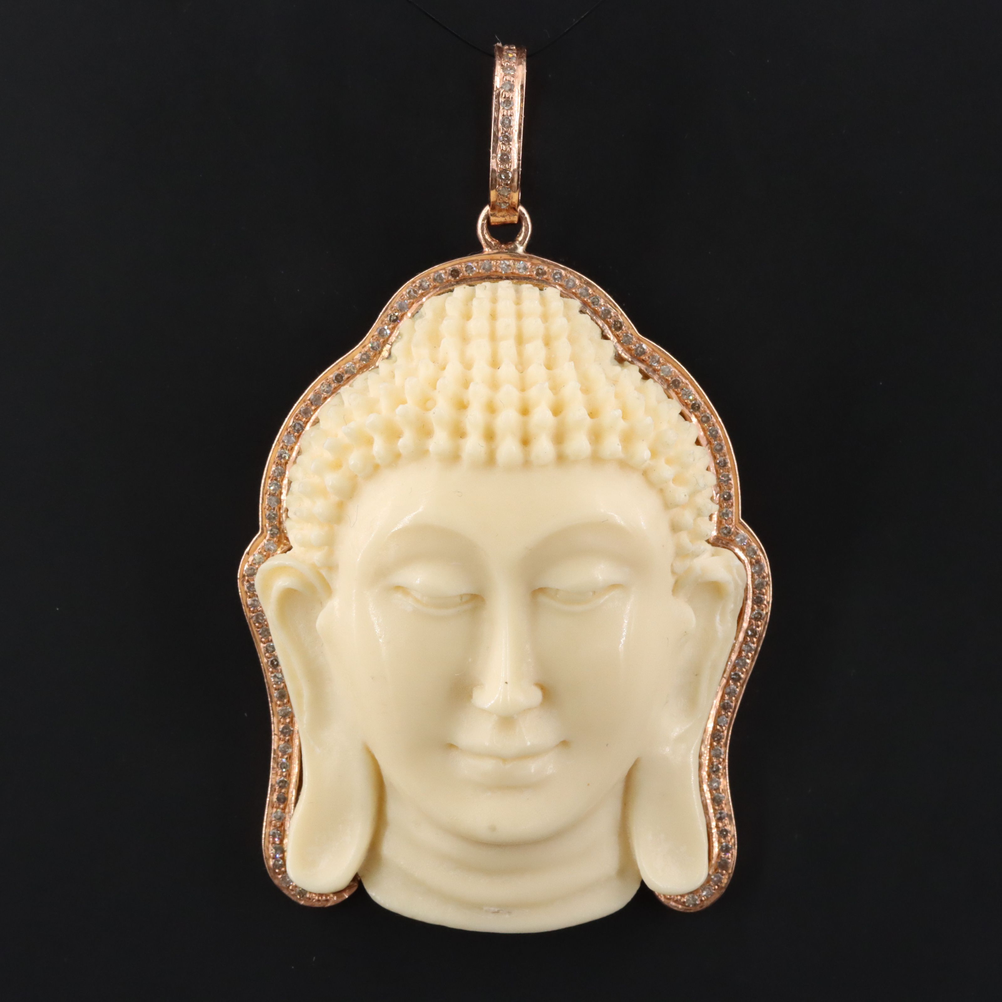14K Rose Gold Carved Bone and Diamond Buddha Pendant Attributed to Sheryl Lowe