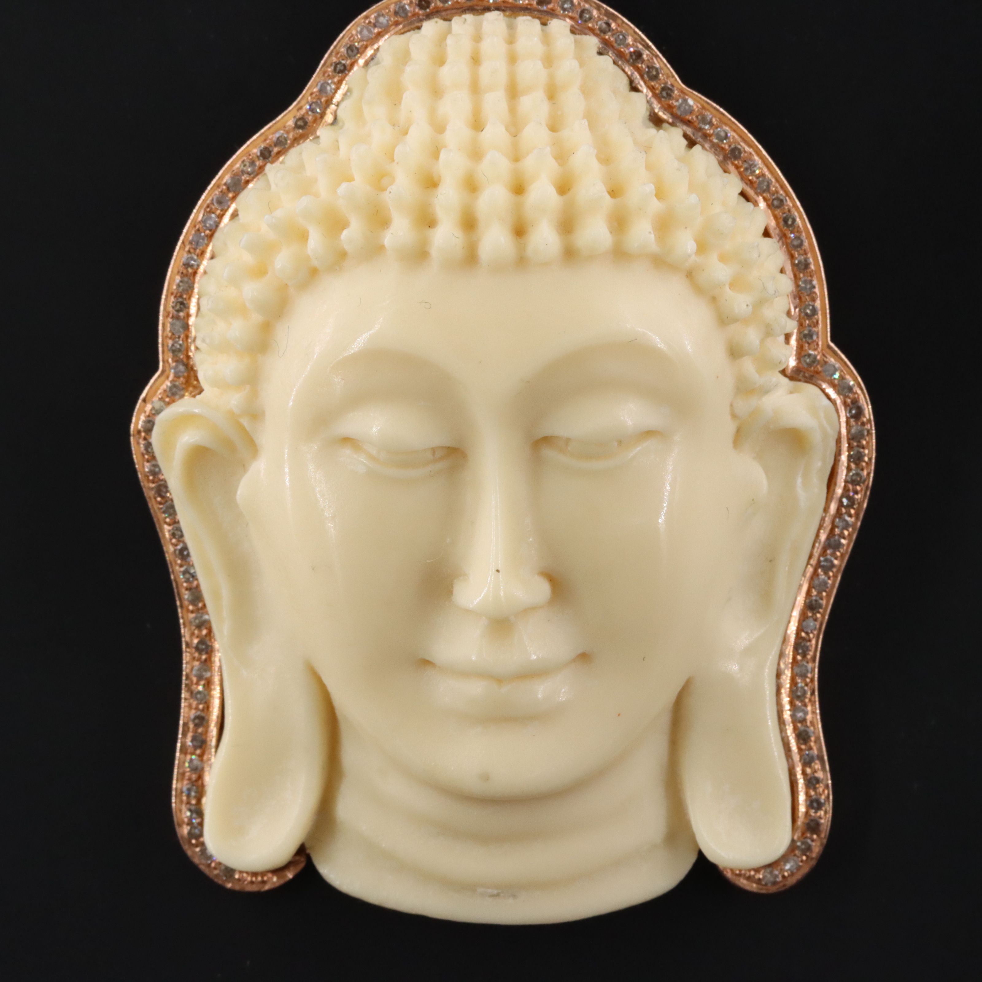 14K Rose Gold Carved Bone and Diamond Buddha Pendant Attributed to Sheryl Lowe