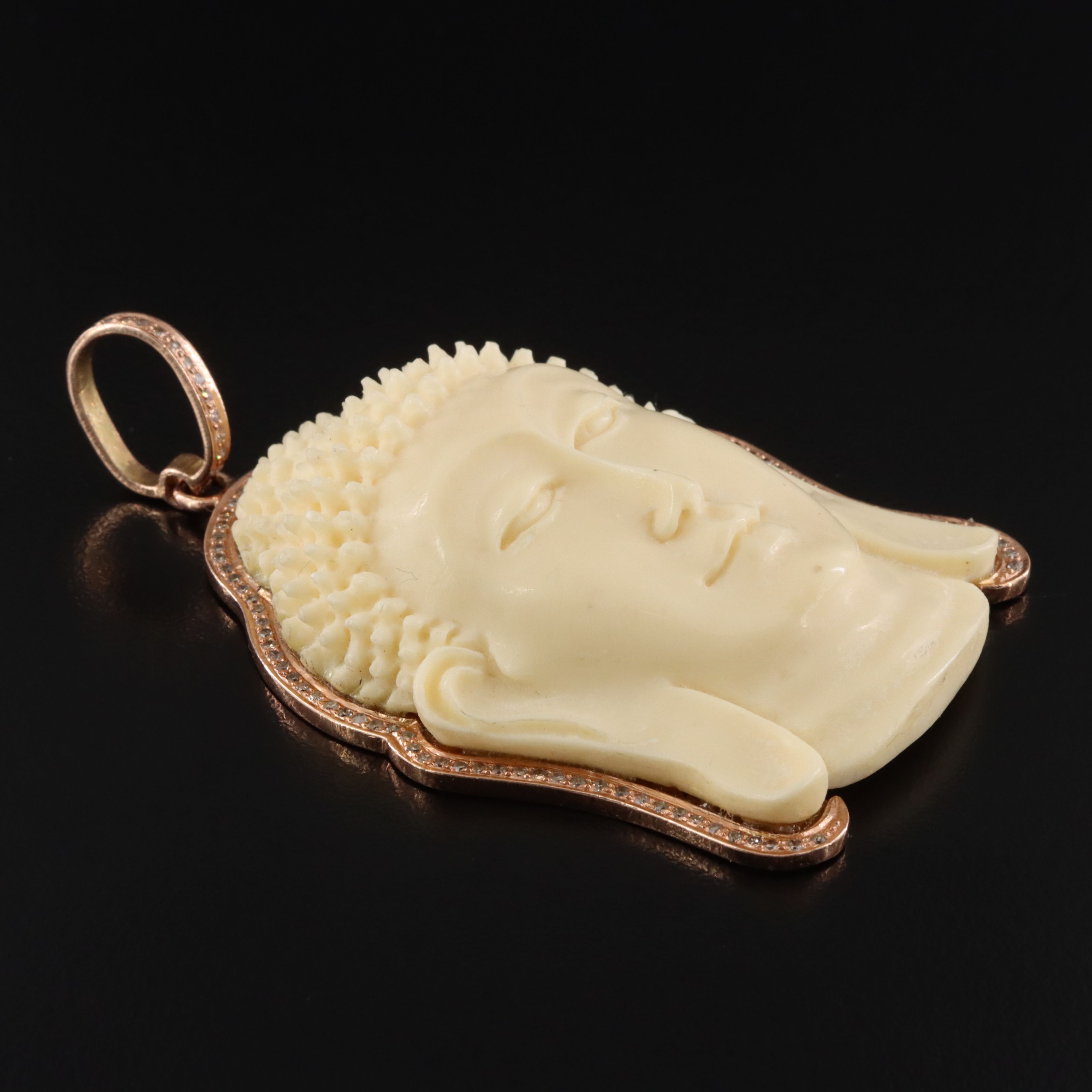 14K Rose Gold Carved Bone and Diamond Buddha Pendant Attributed to Sheryl Lowe