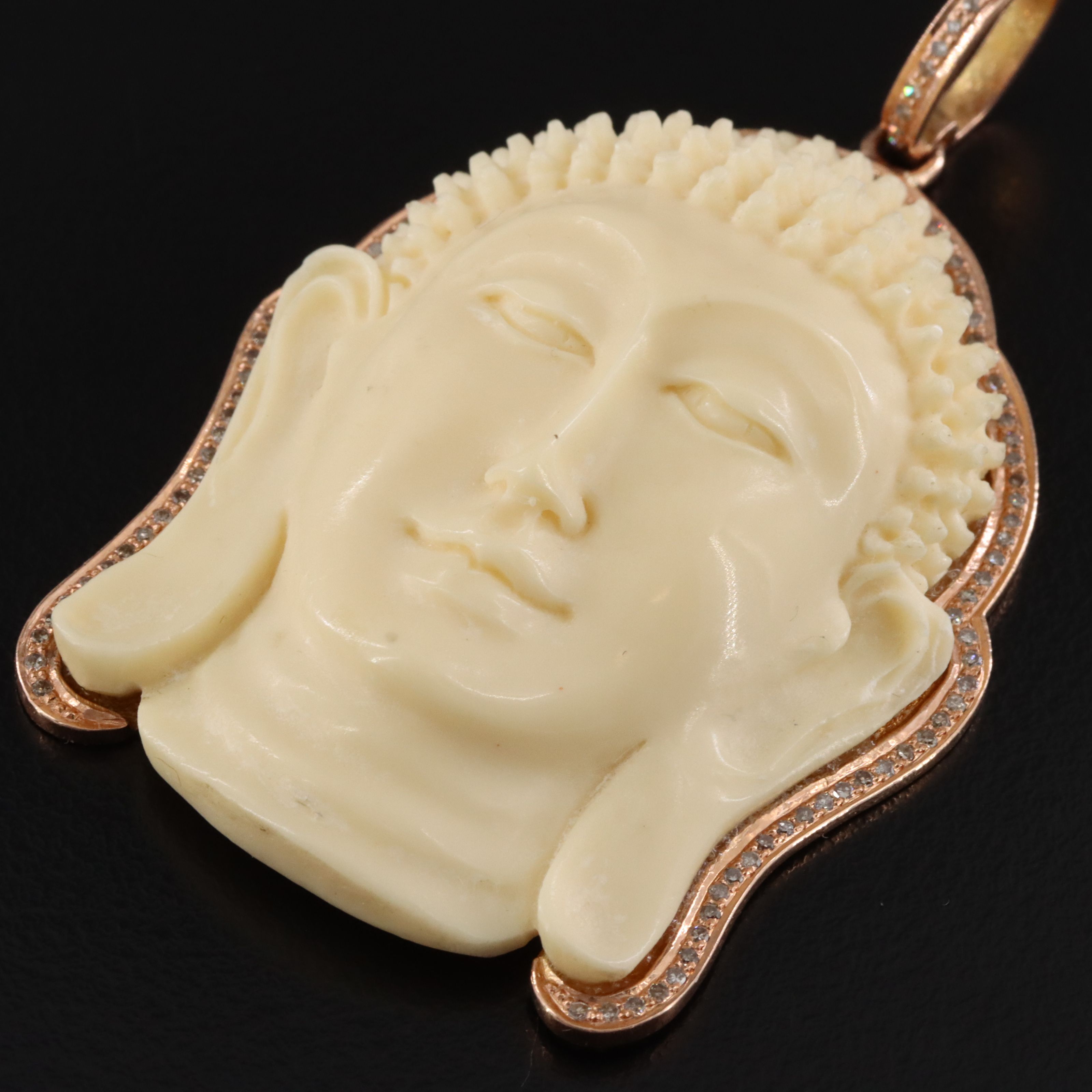14K Rose Gold Carved Bone and Diamond Buddha Pendant Attributed to Sheryl Lowe