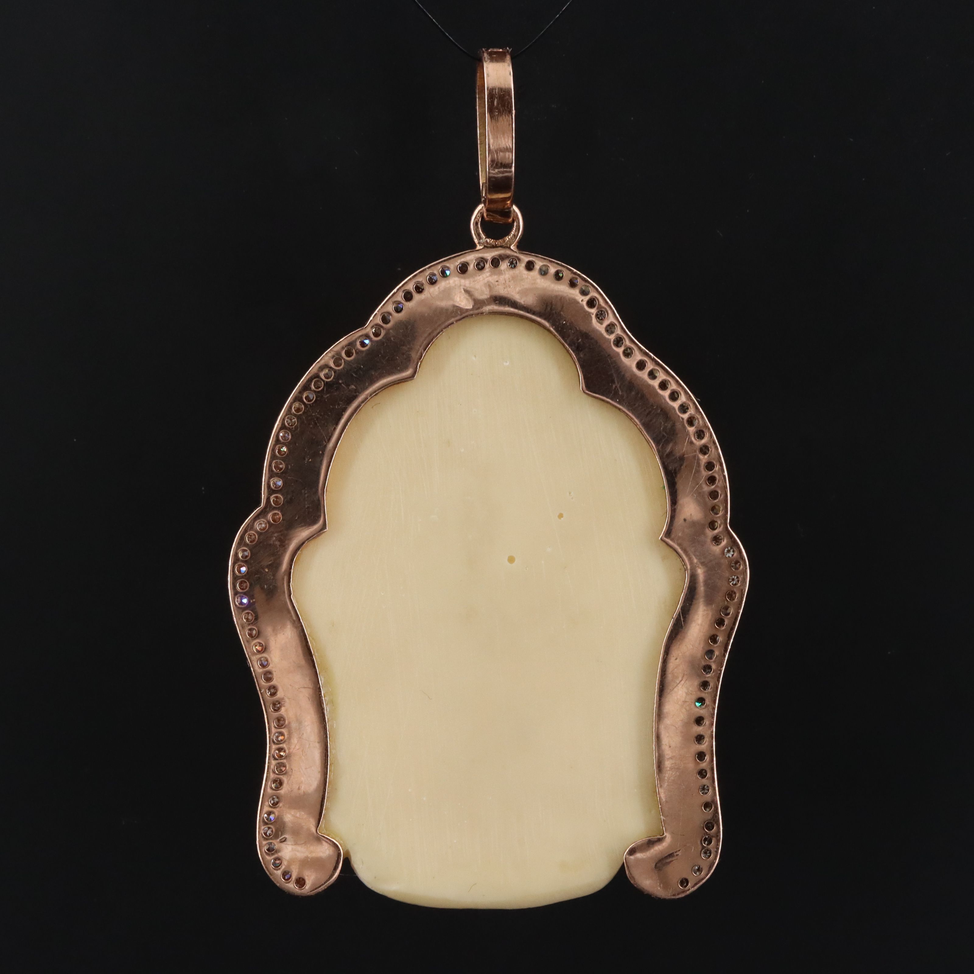 14K Rose Gold Carved Bone and Diamond Buddha Pendant Attributed to Sheryl Lowe