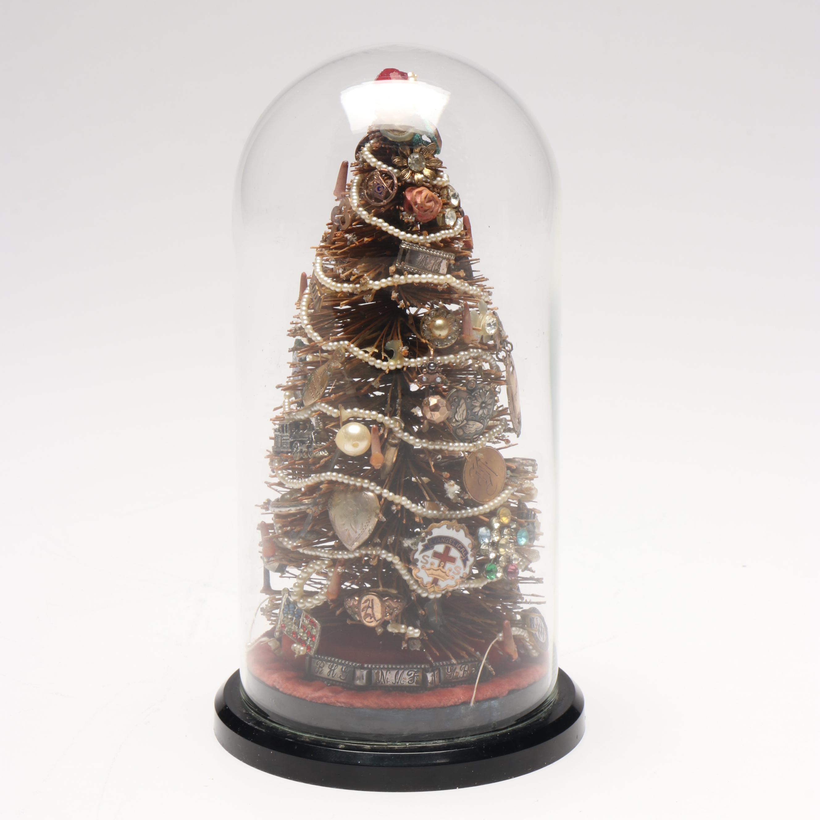 Handcrafted Antique Jewelry and Charm Cloche Christmas Tree with More Décor