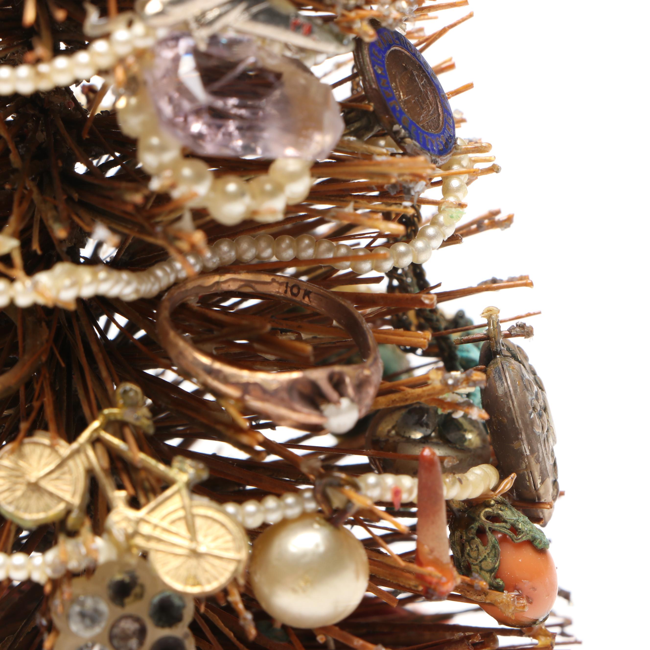 Handcrafted Antique Jewelry and Charm Cloche Christmas Tree with More Décor