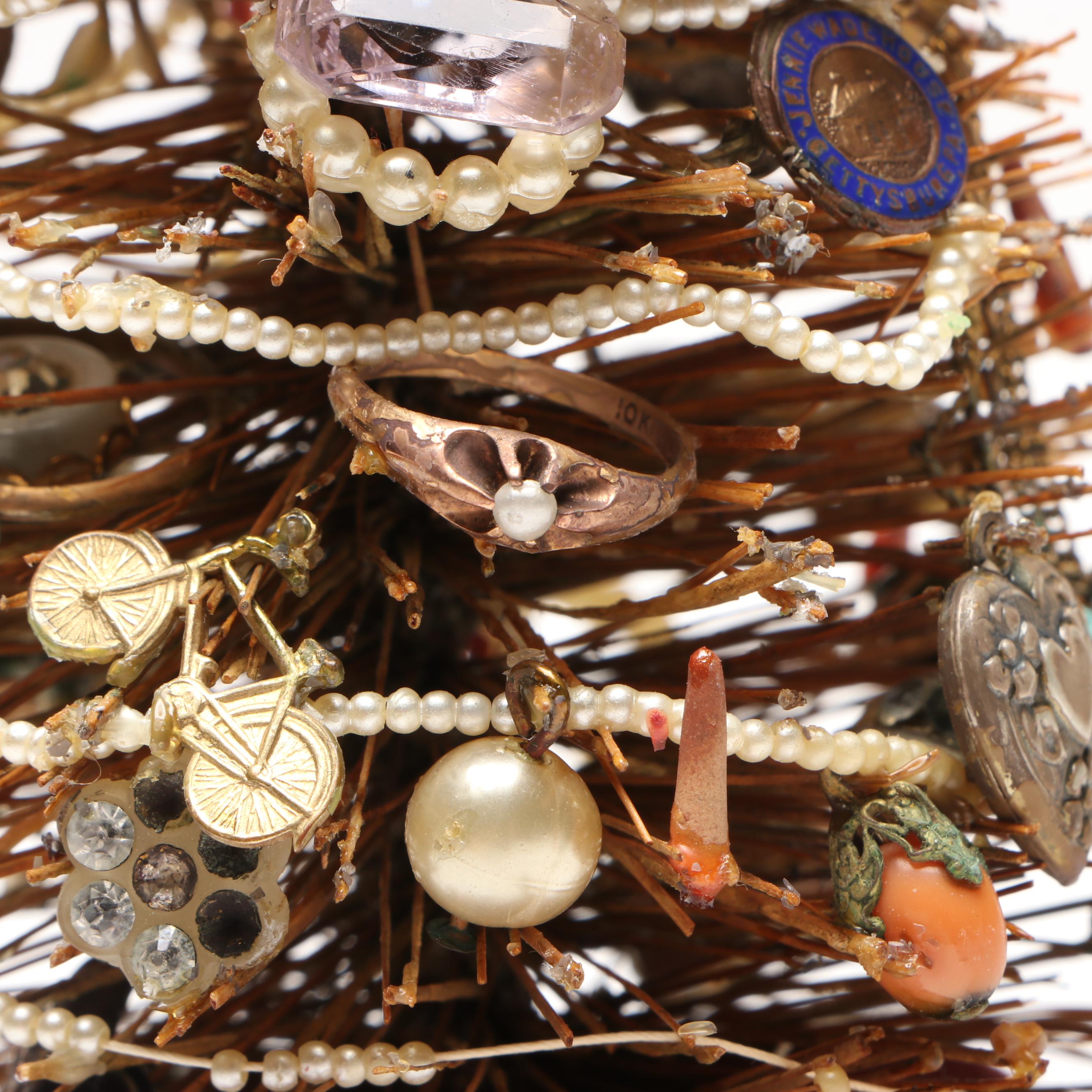 Handcrafted Antique Jewelry and Charm Cloche Christmas Tree with More Décor