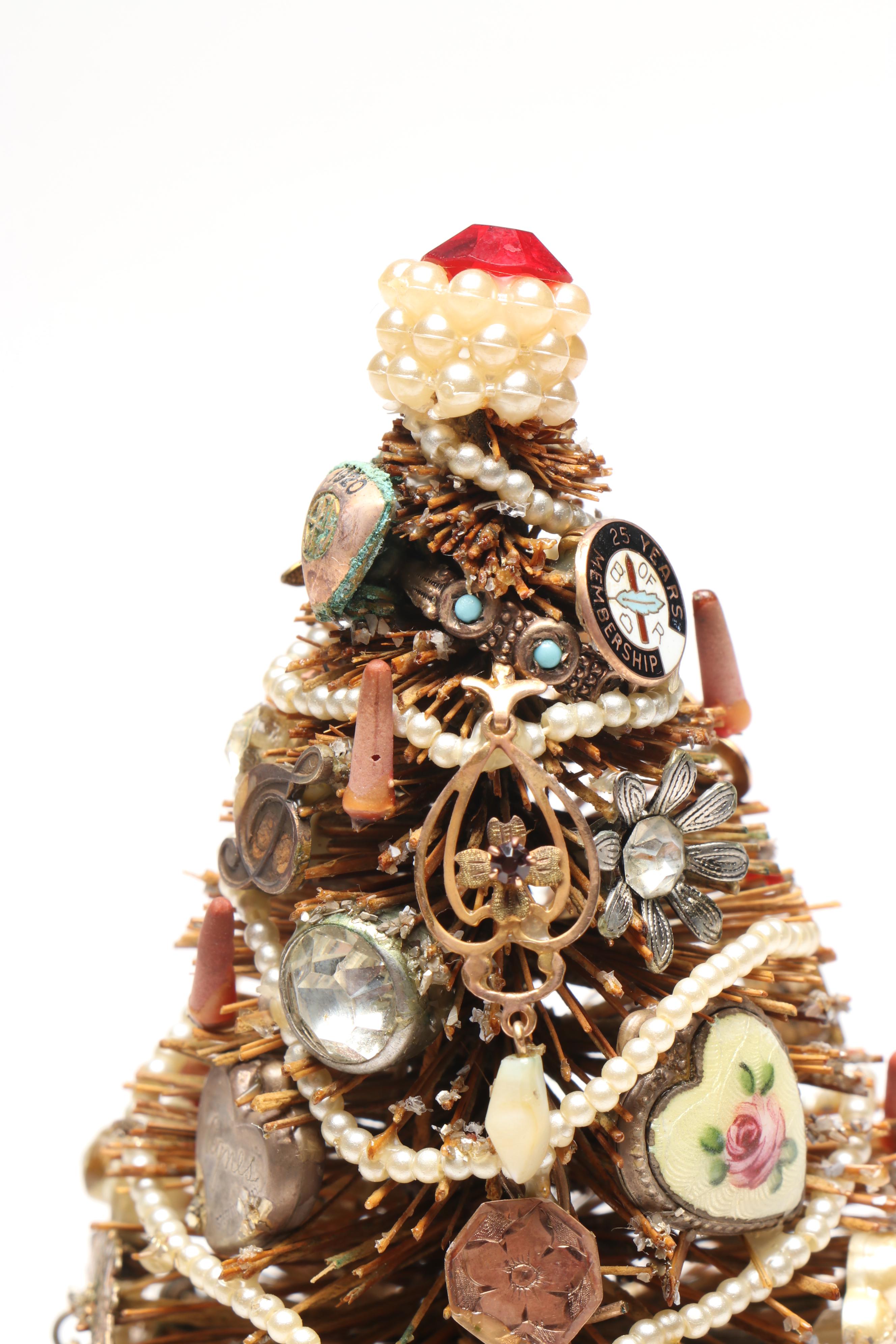 Handcrafted Antique Jewelry and Charm Cloche Christmas Tree with More Décor