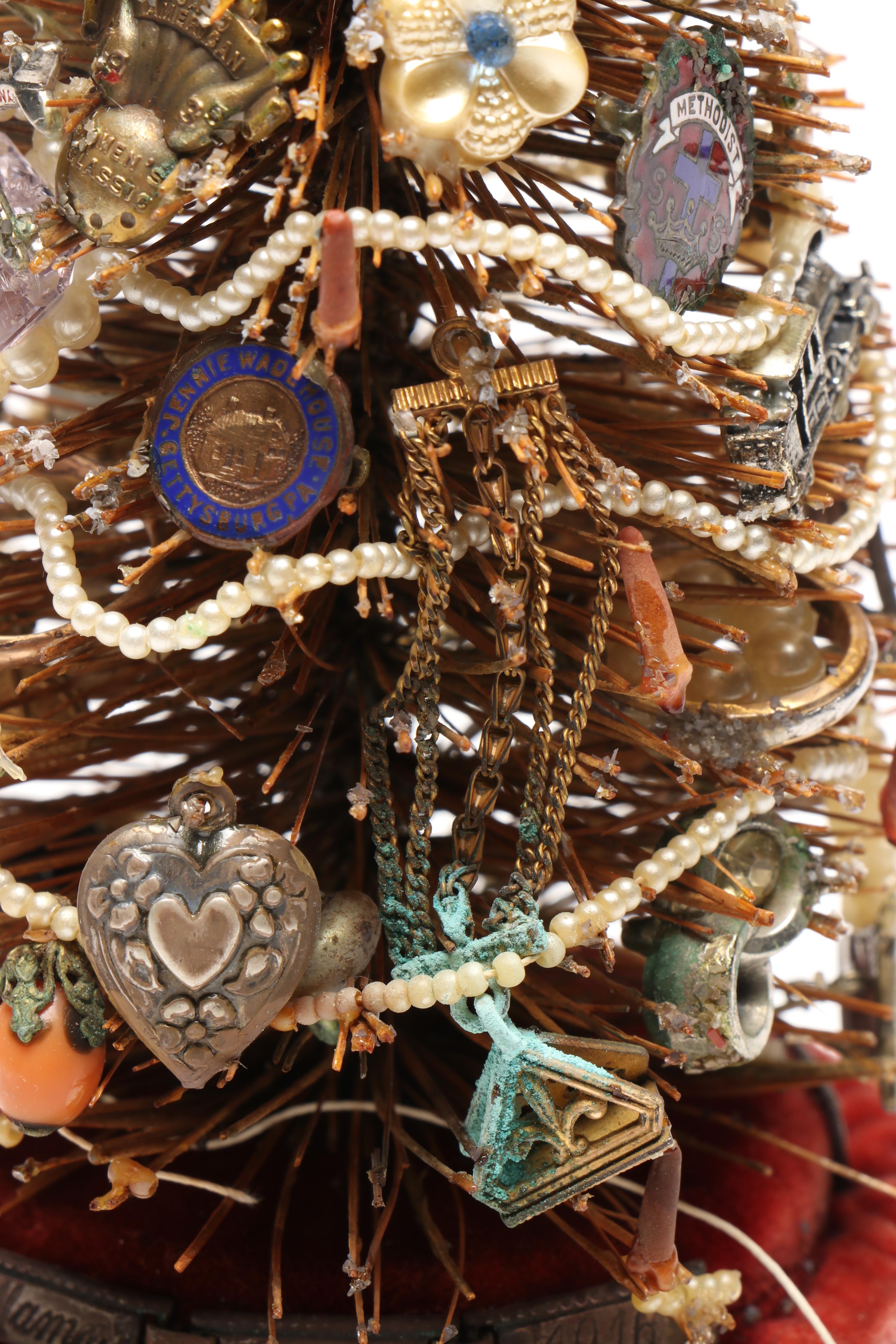 Handcrafted Antique Jewelry and Charm Cloche Christmas Tree with More Décor