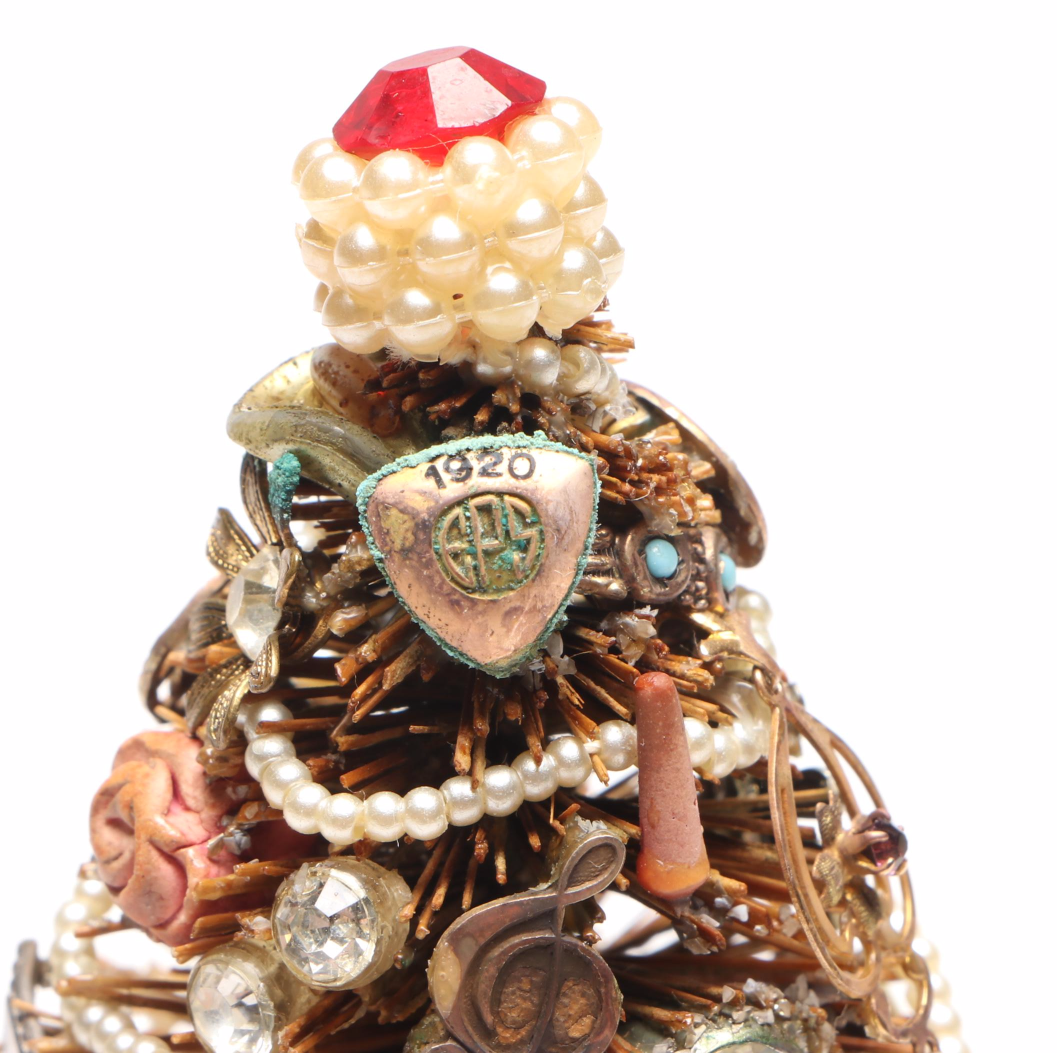 Handcrafted Antique Jewelry and Charm Cloche Christmas Tree with More Décor