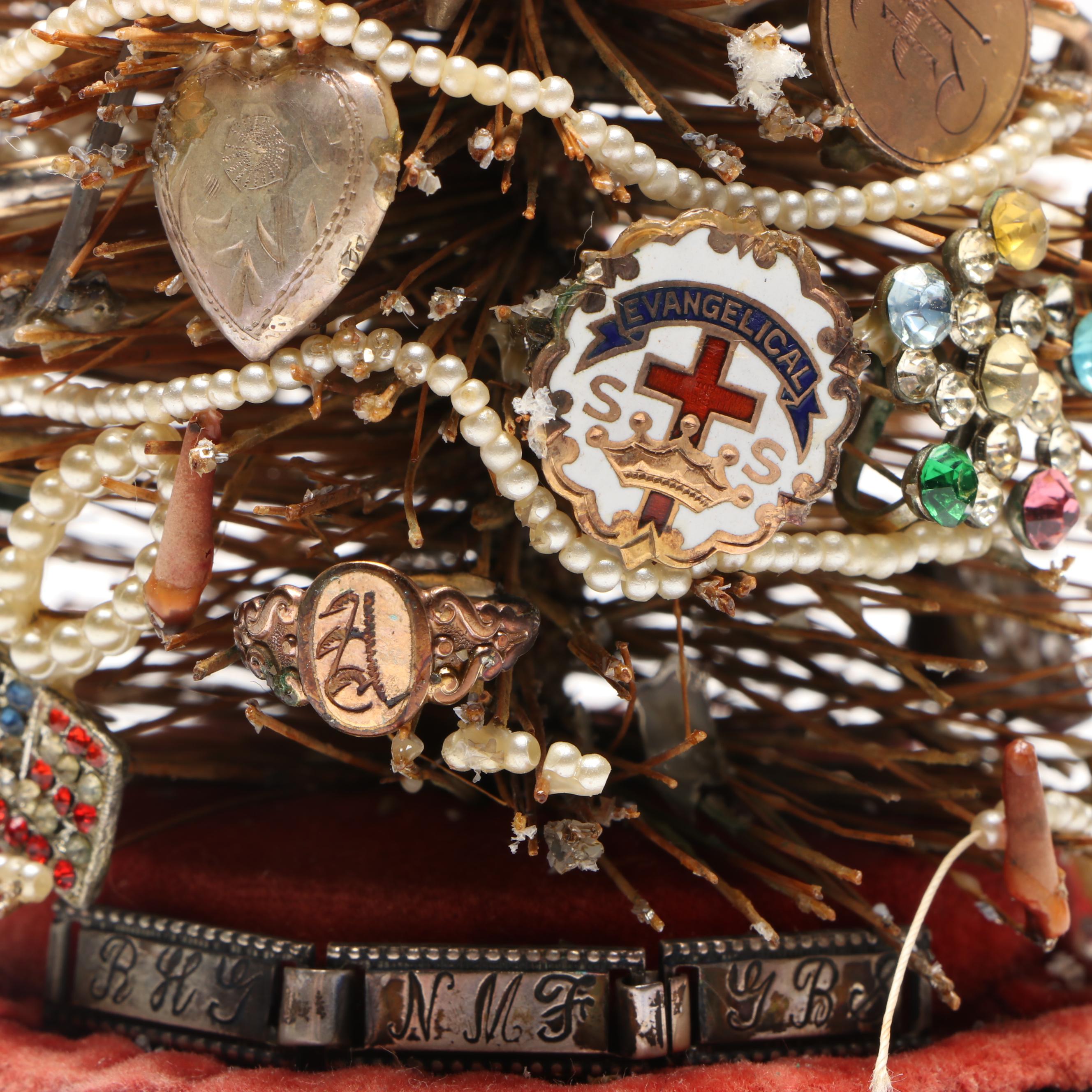 Handcrafted Antique Jewelry and Charm Cloche Christmas Tree with More Décor