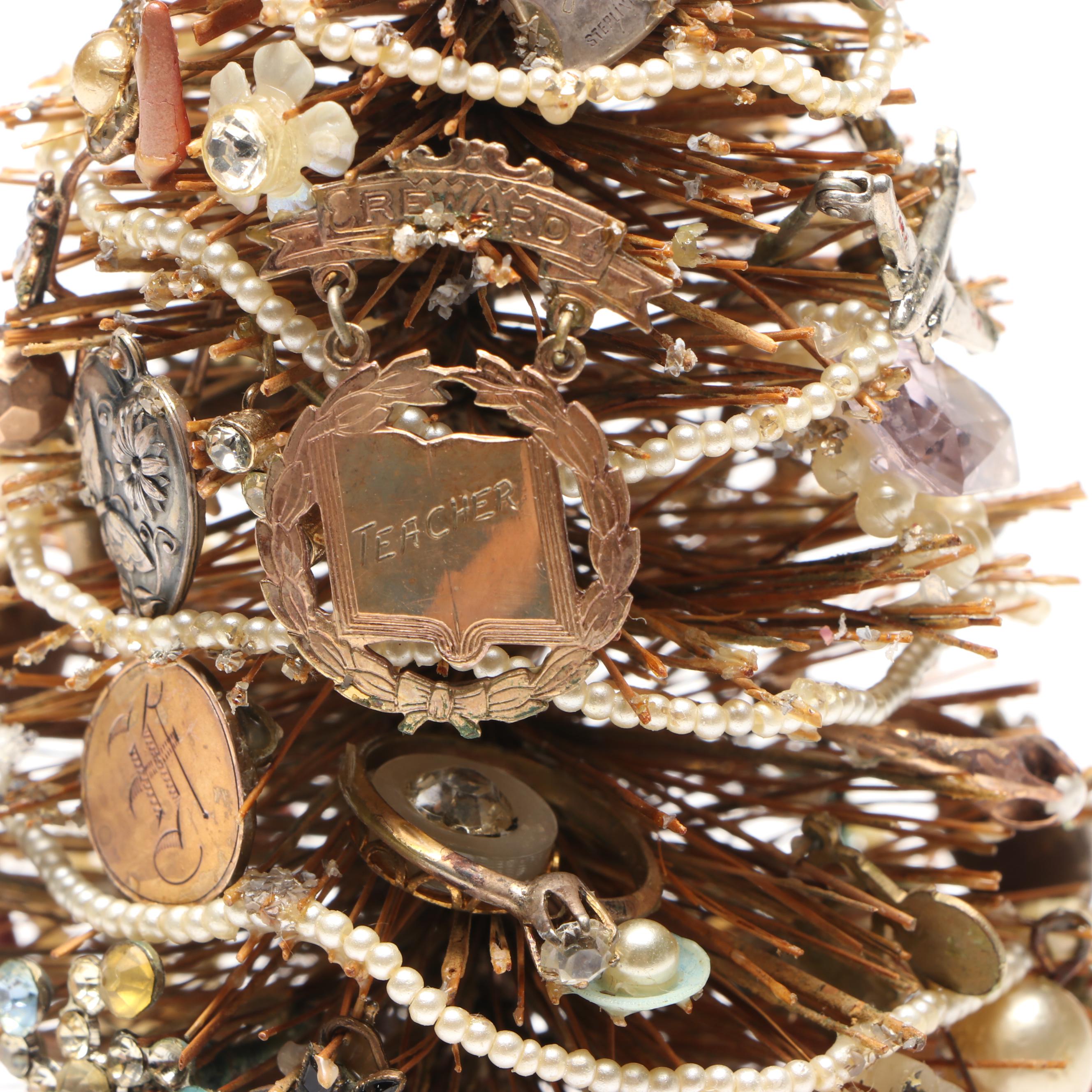 Handcrafted Antique Jewelry and Charm Cloche Christmas Tree with More Décor