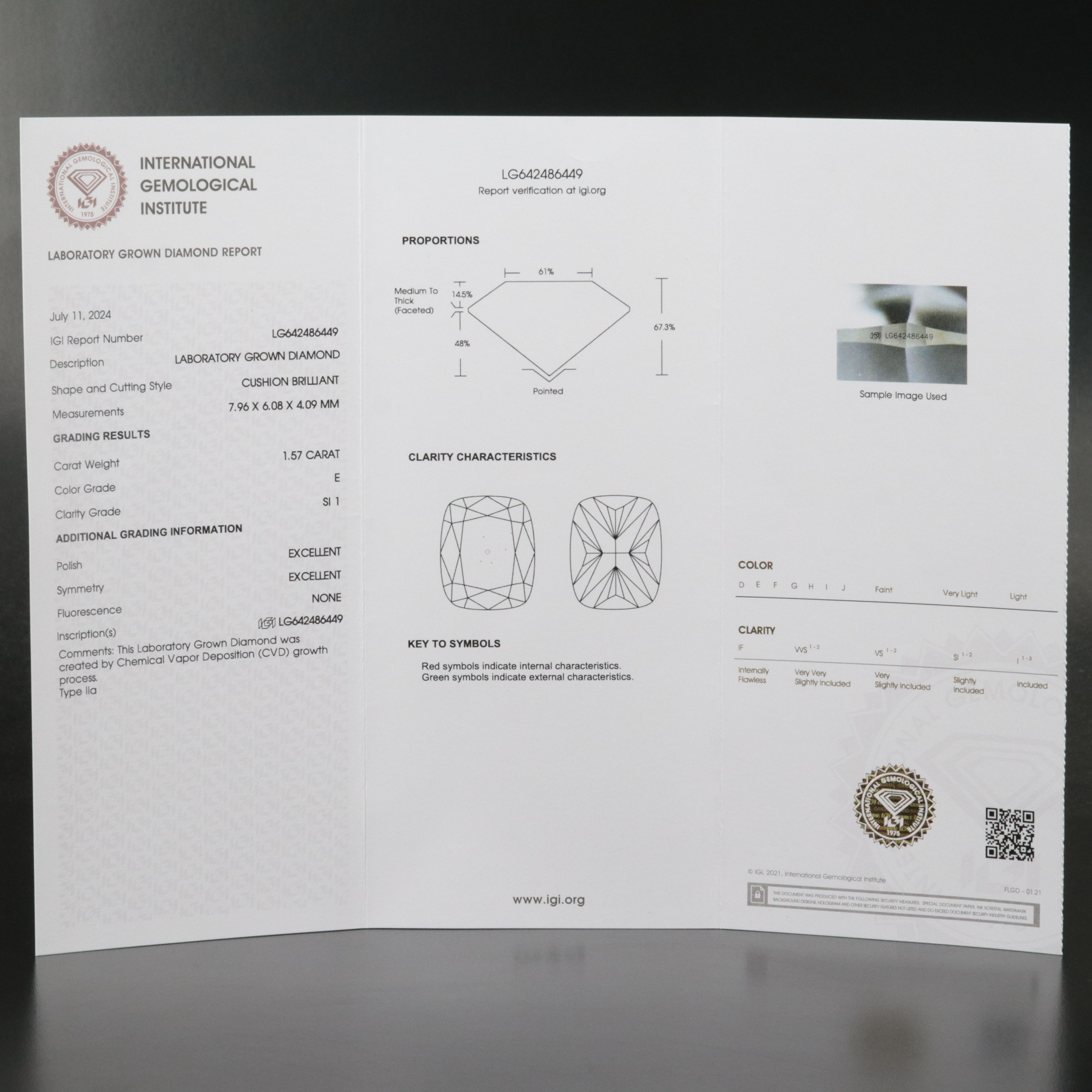 Loose 1.57 CT Lab Grown Diamond with IGI Report
