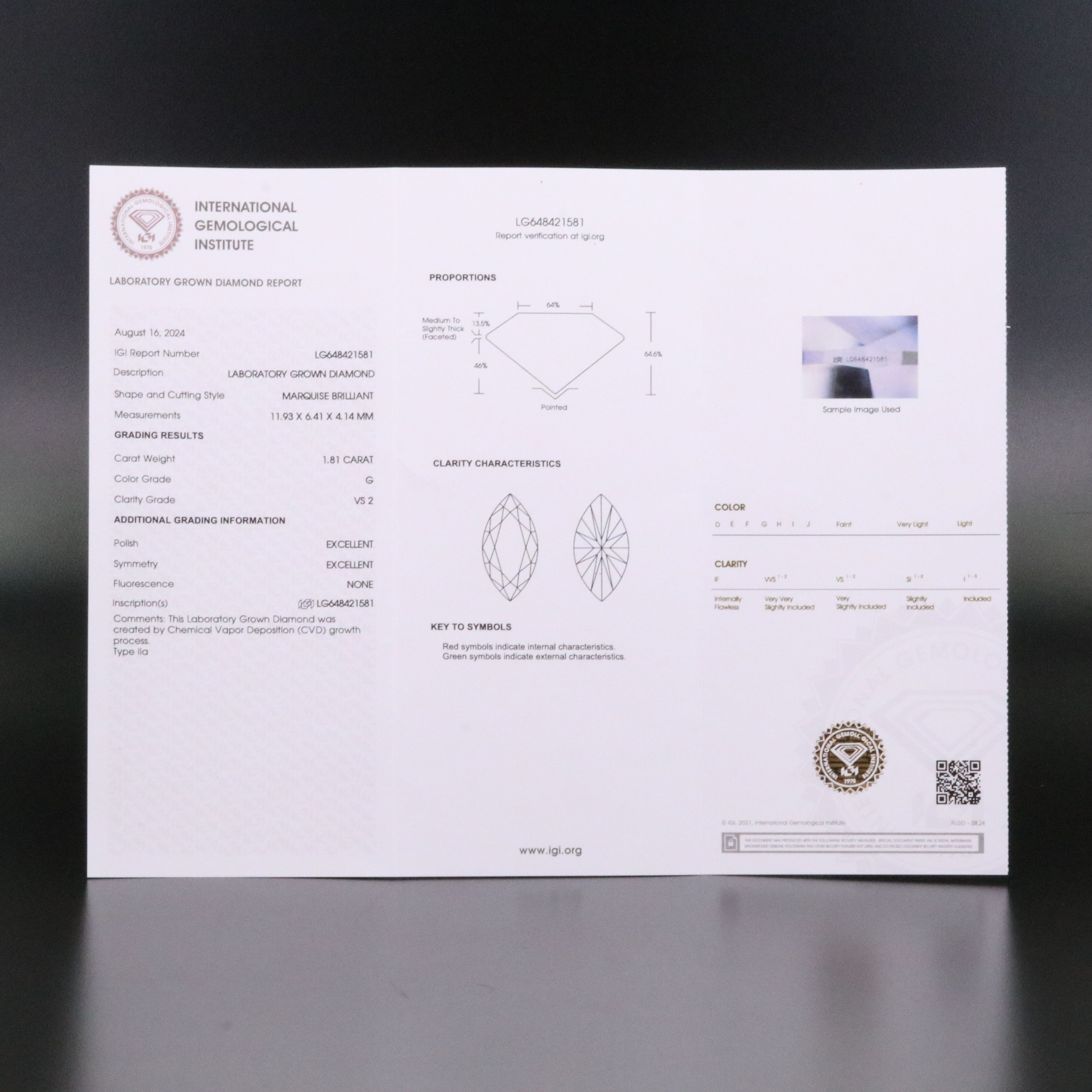 Loose 1.81 CT Lab Grown Diamond with IGI Report
