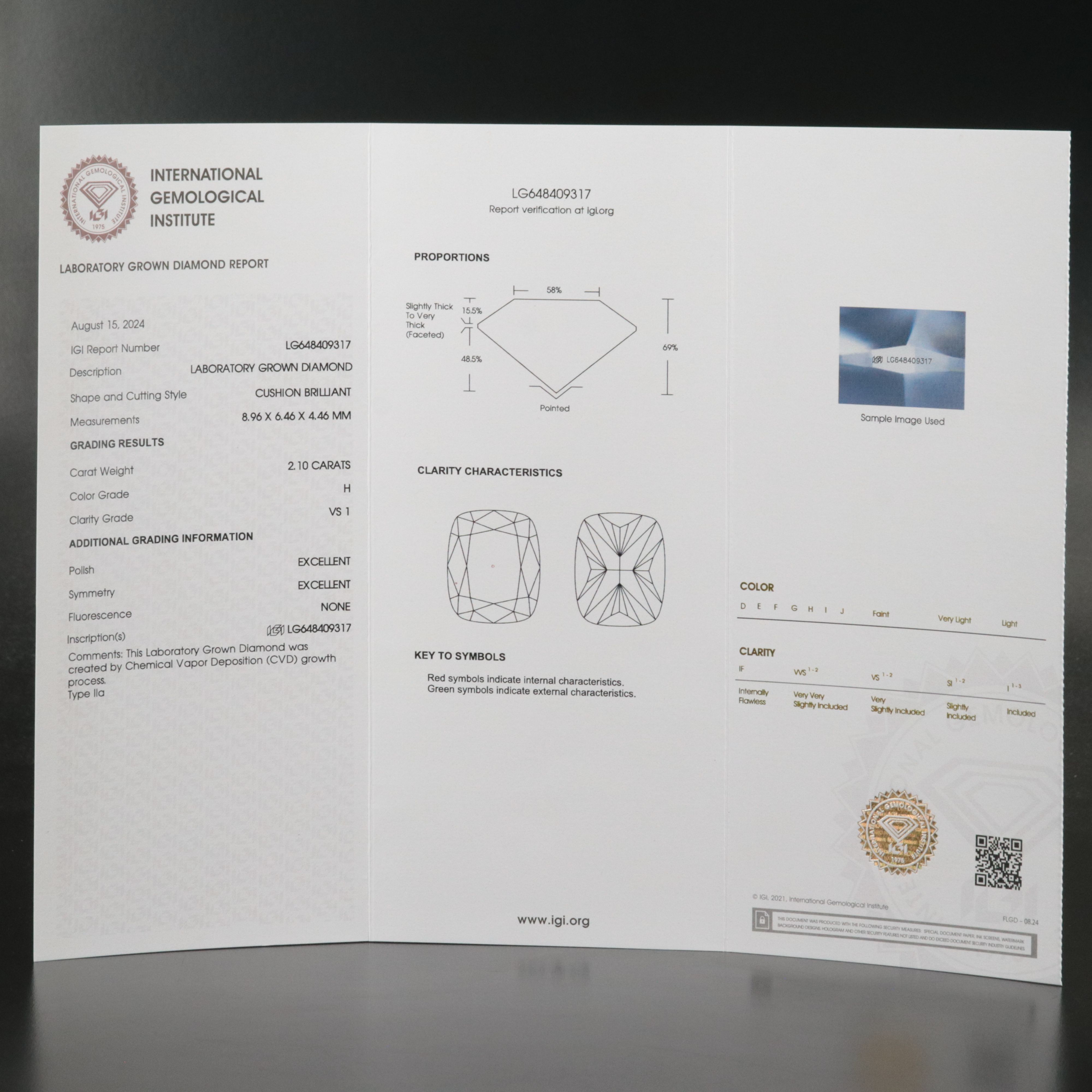 Loose 2.10 CT Lab Grown Diamond with IGI Report