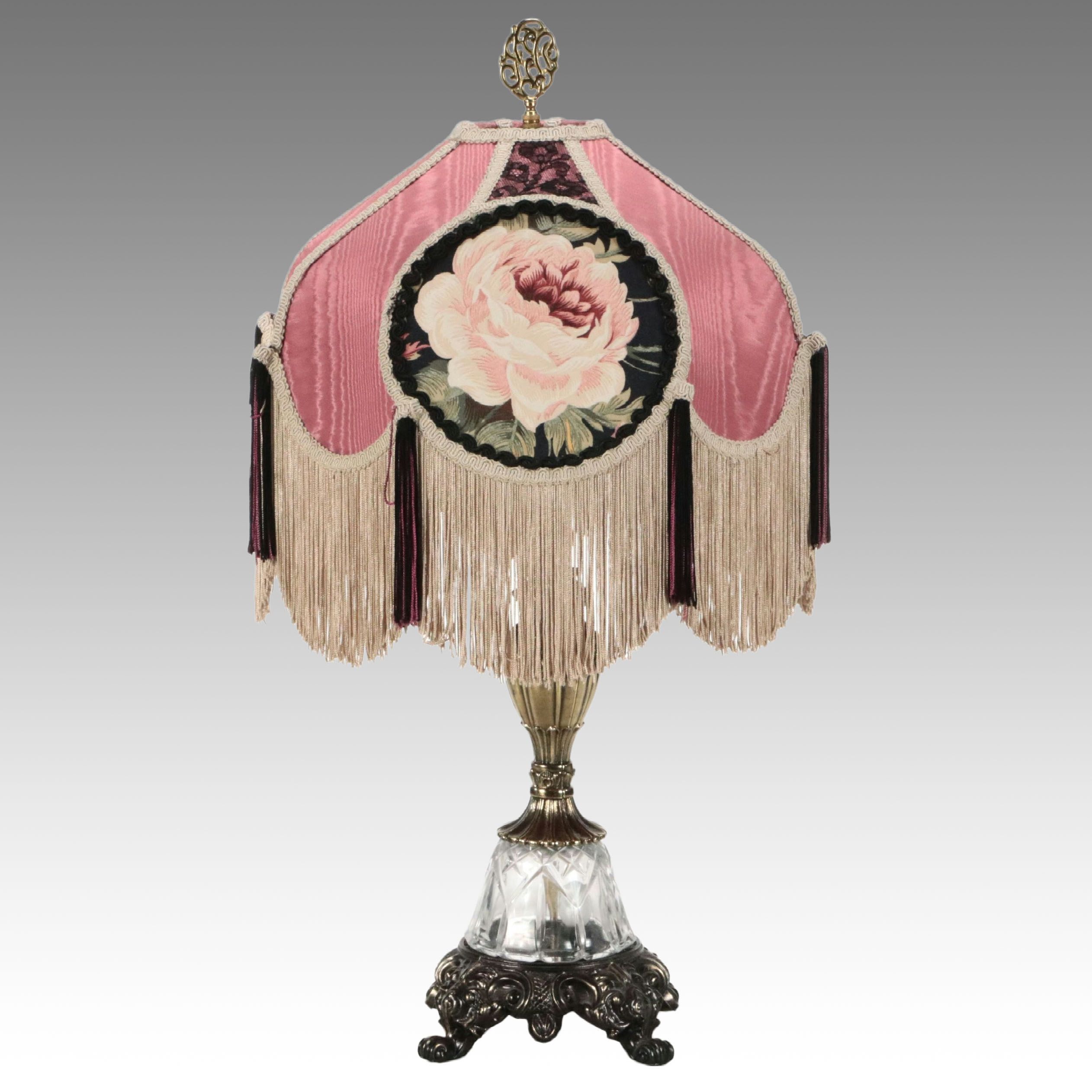 Cast Metal Table Lamp with Victorian Moire and Tassel Shade