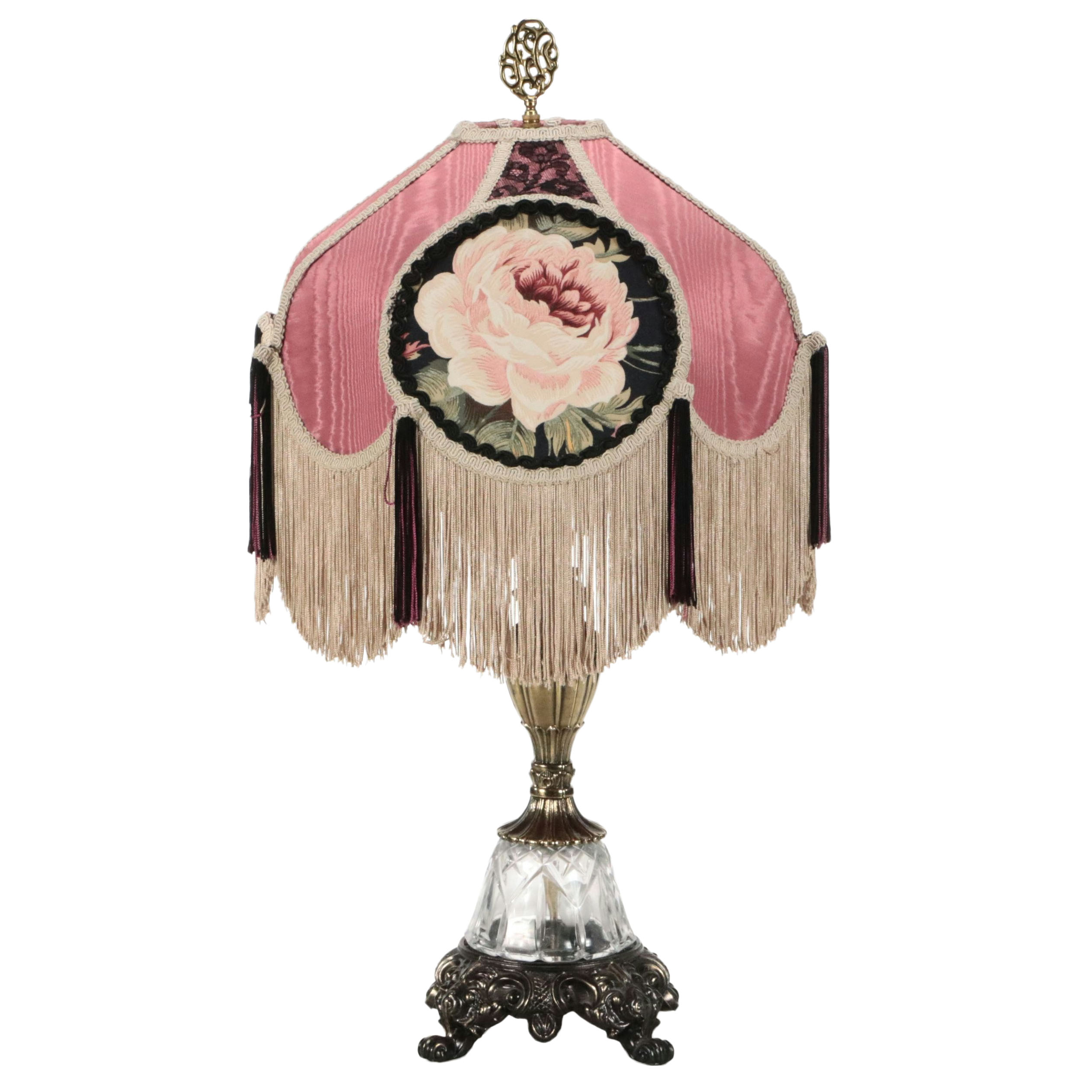 Cast Metal Table Lamp with Victorian Moire and Tassel Shade