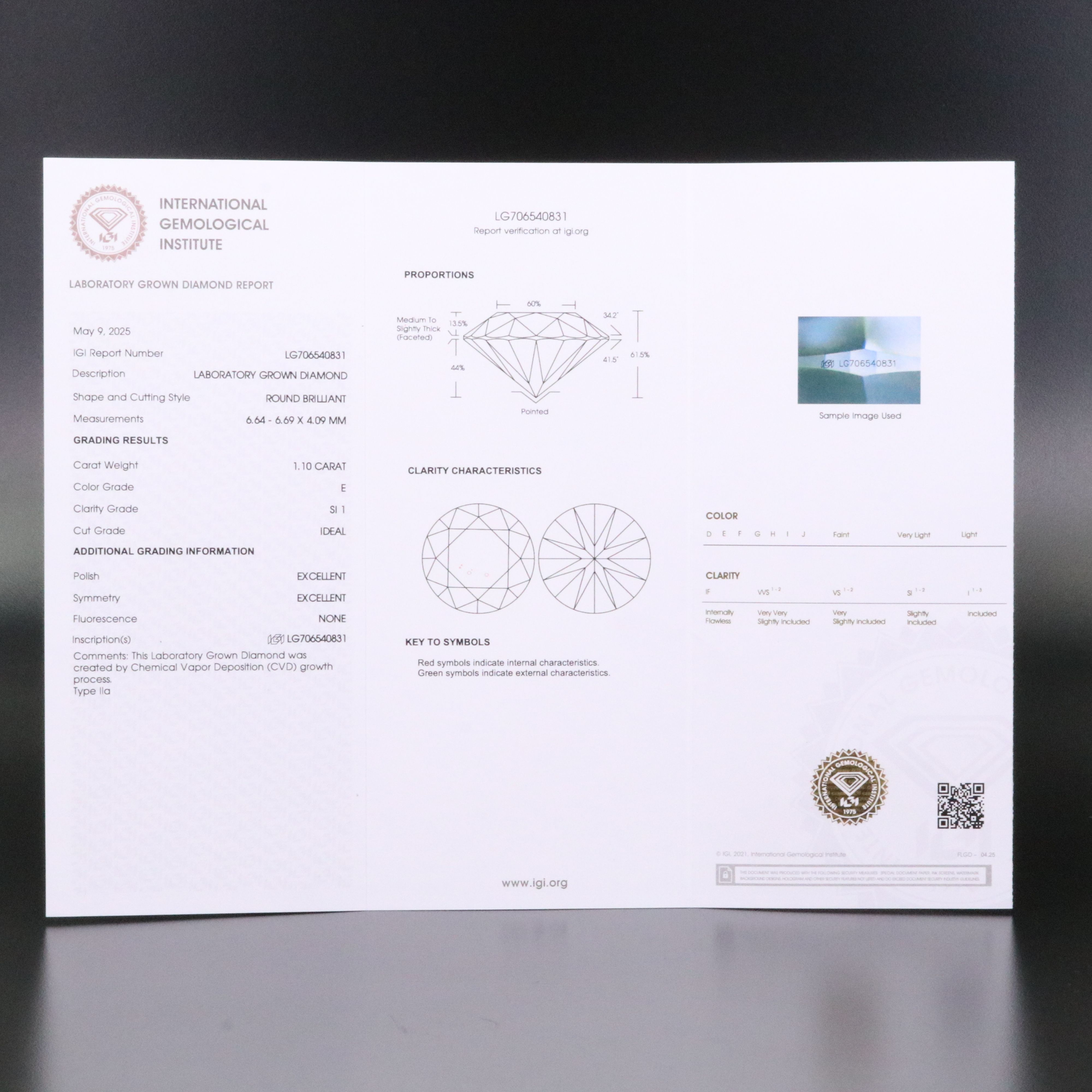 Loose 1.10 CT Lab Grown Diamond with IGI Report