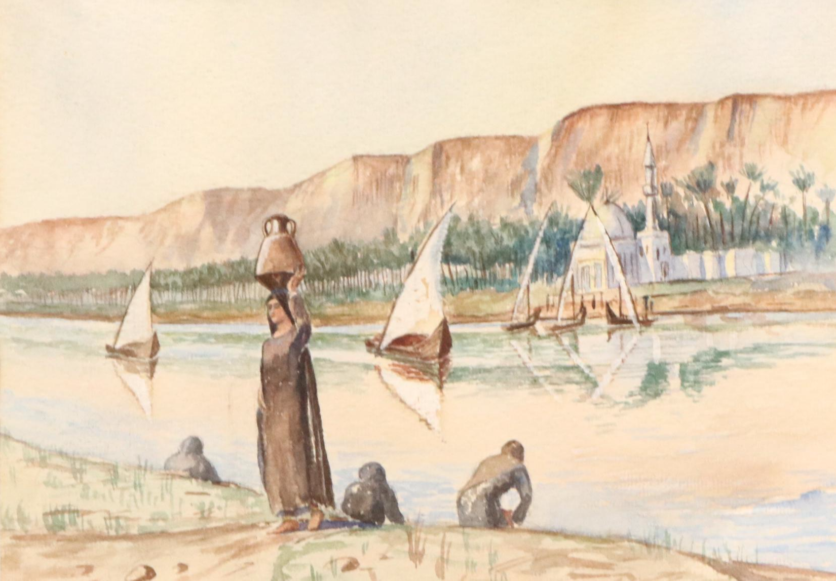 Orientalist Style Watercolor Painting "For Water Supply on Nile," 1930