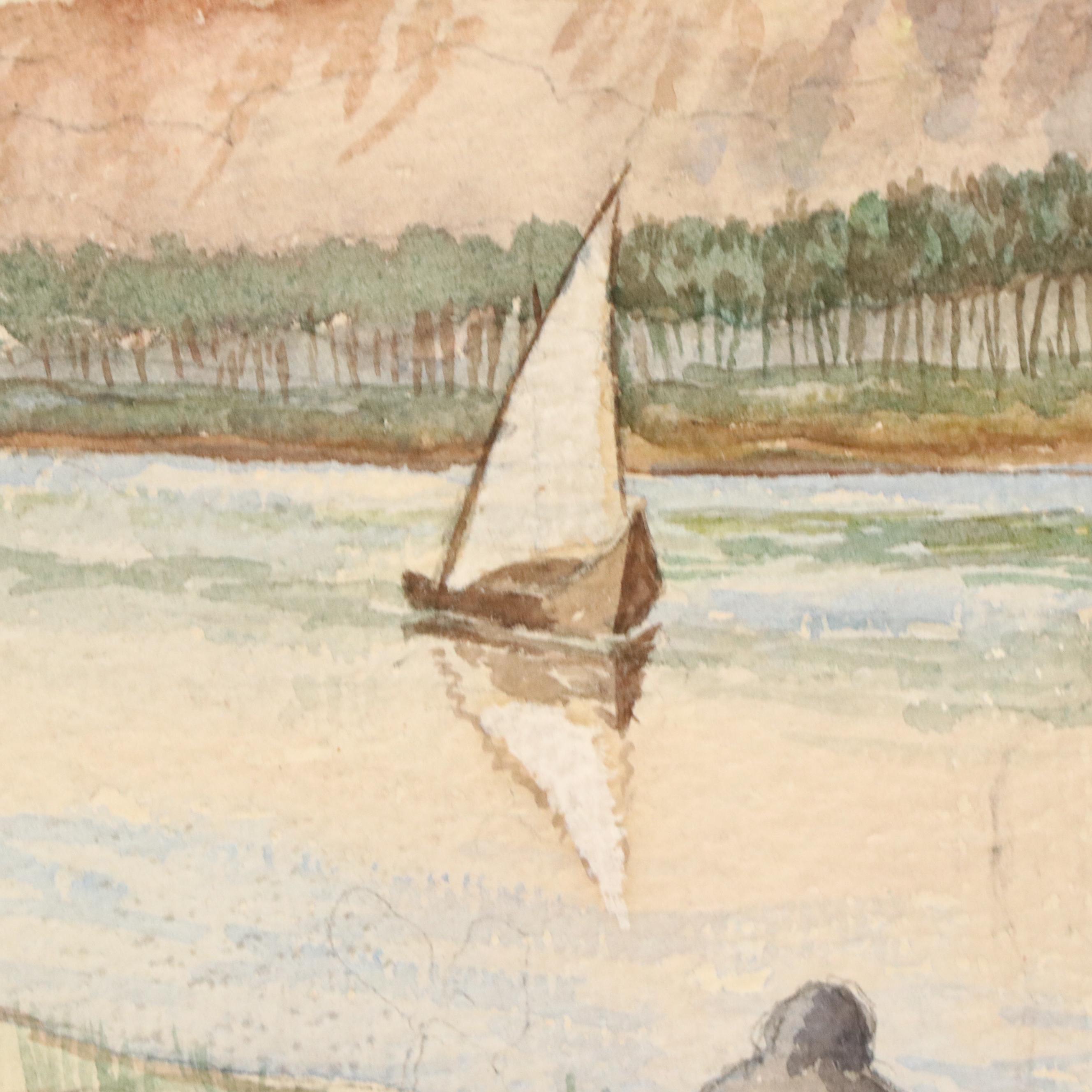 Orientalist Style Watercolor Painting "For Water Supply on Nile," 1930