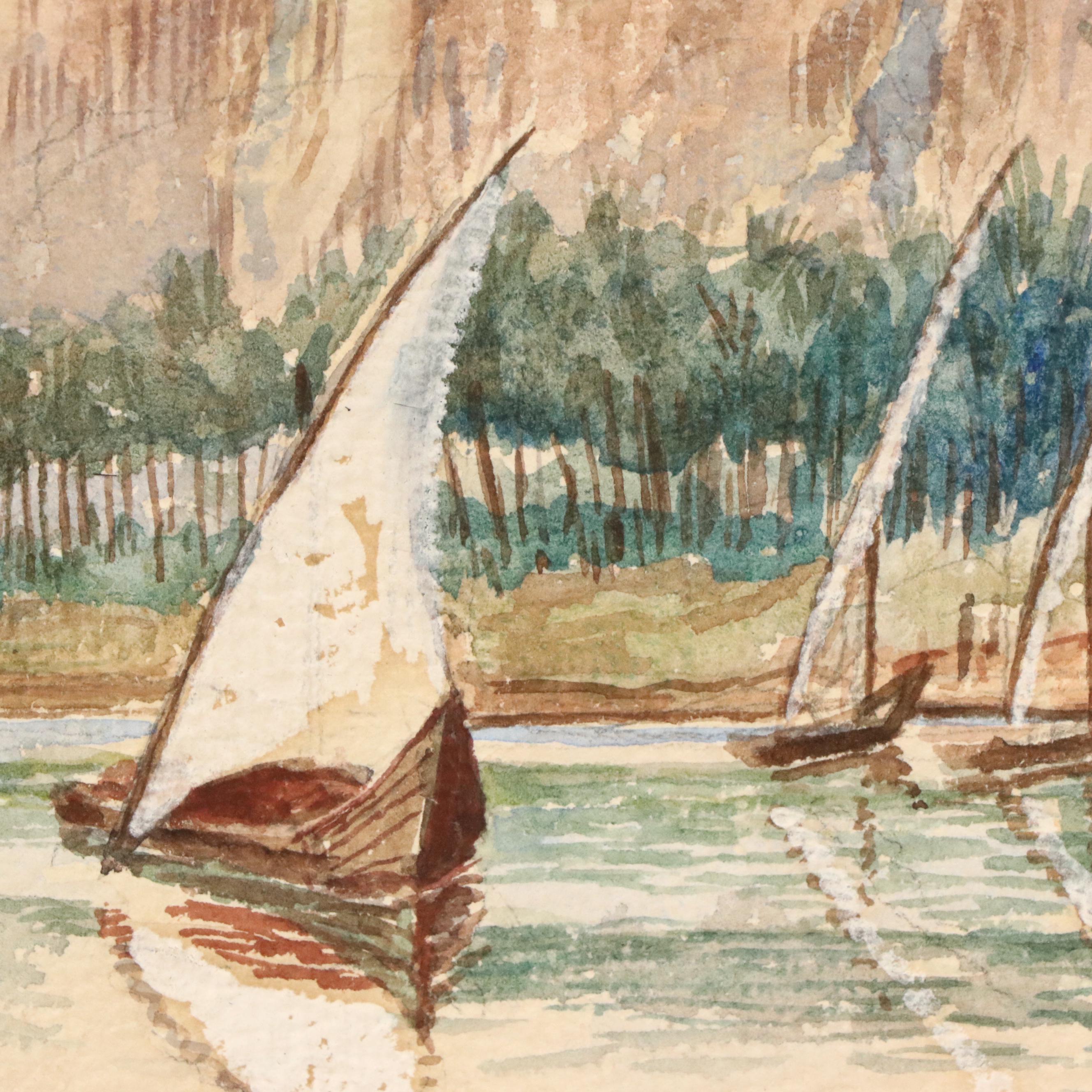 Orientalist Style Watercolor Painting "For Water Supply on Nile," 1930