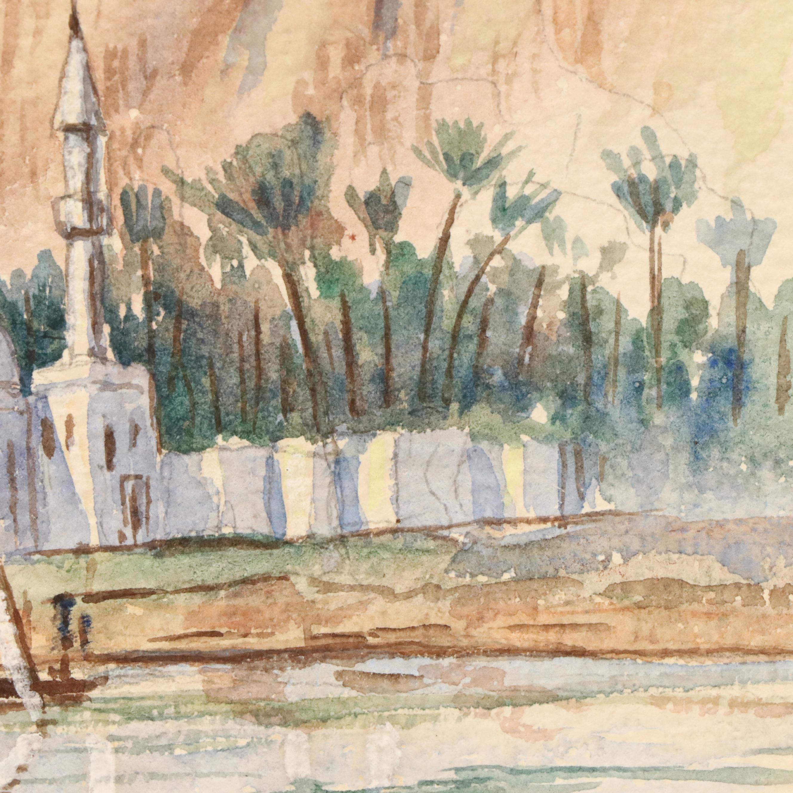 Orientalist Style Watercolor Painting "For Water Supply on Nile," 1930