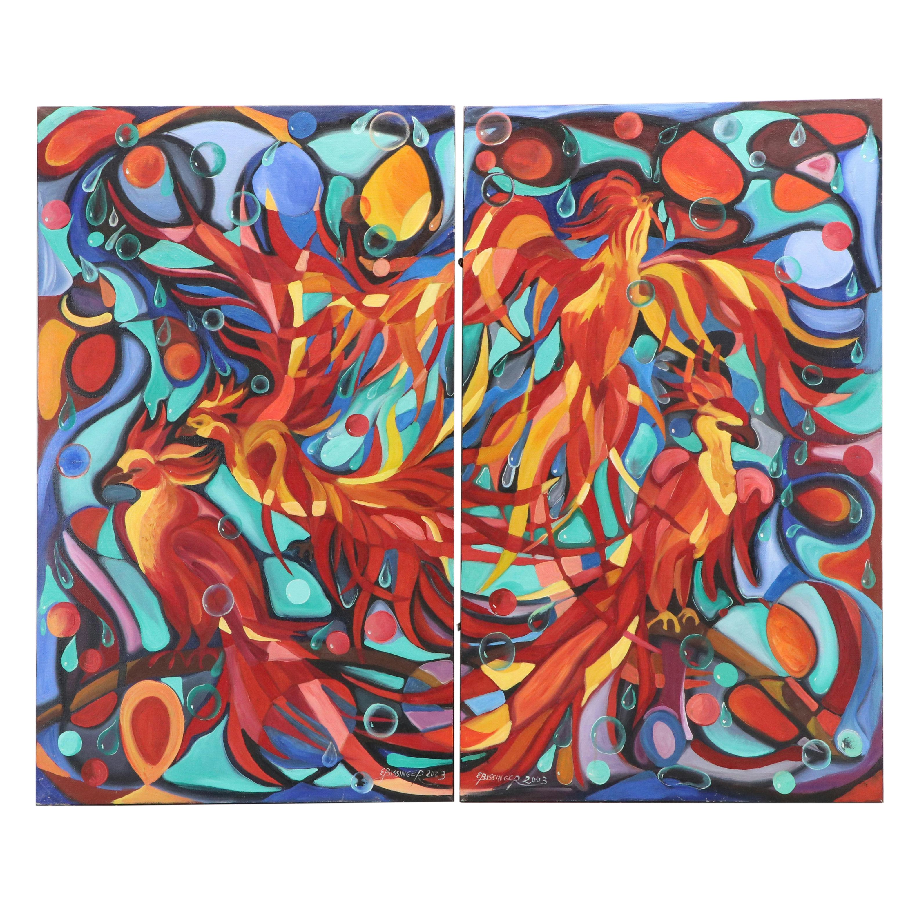 Elena Bissinger Acrylic Painting Diptych "Firebirds," 2003