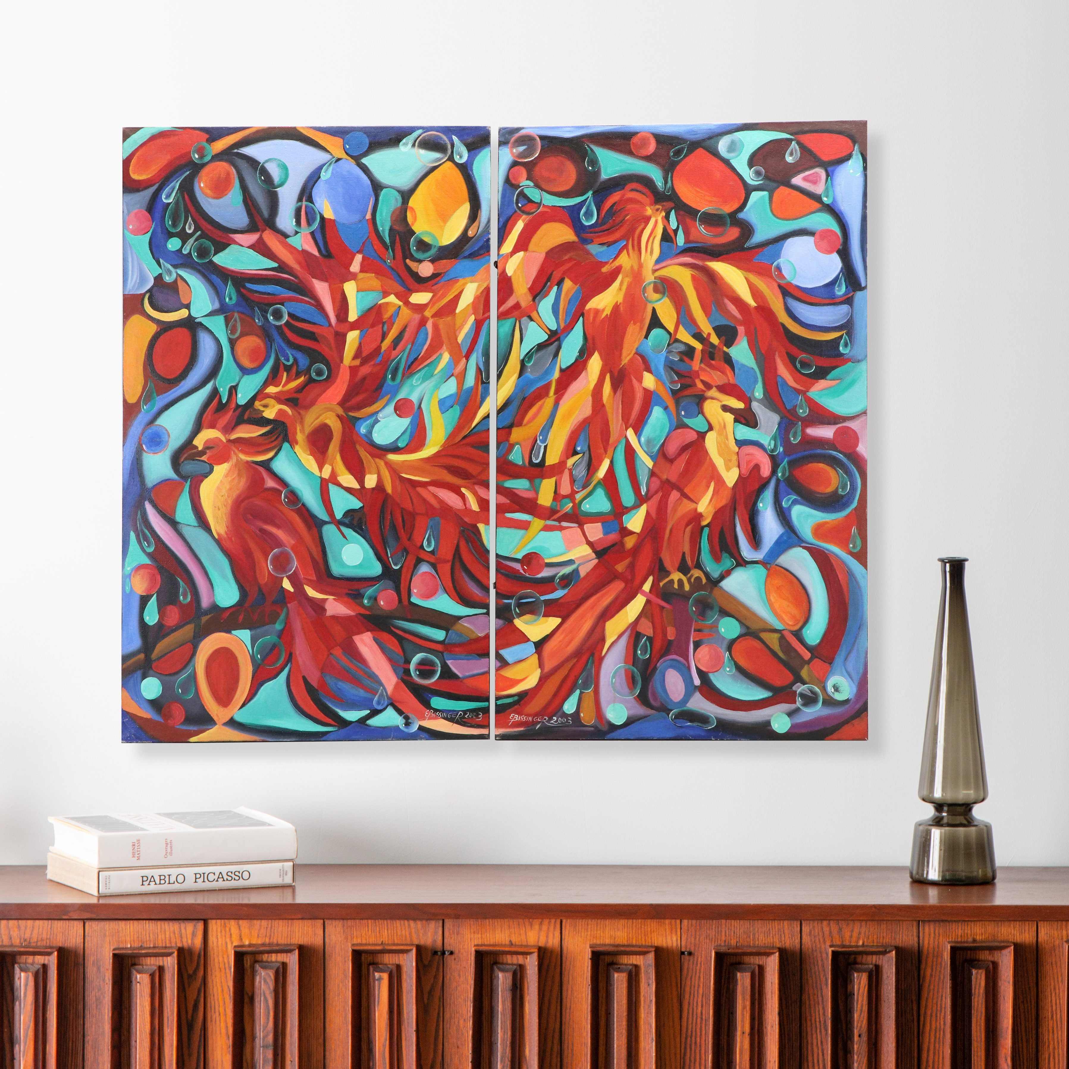 Elena Bissinger Acrylic Painting Diptych "Firebirds," 2003