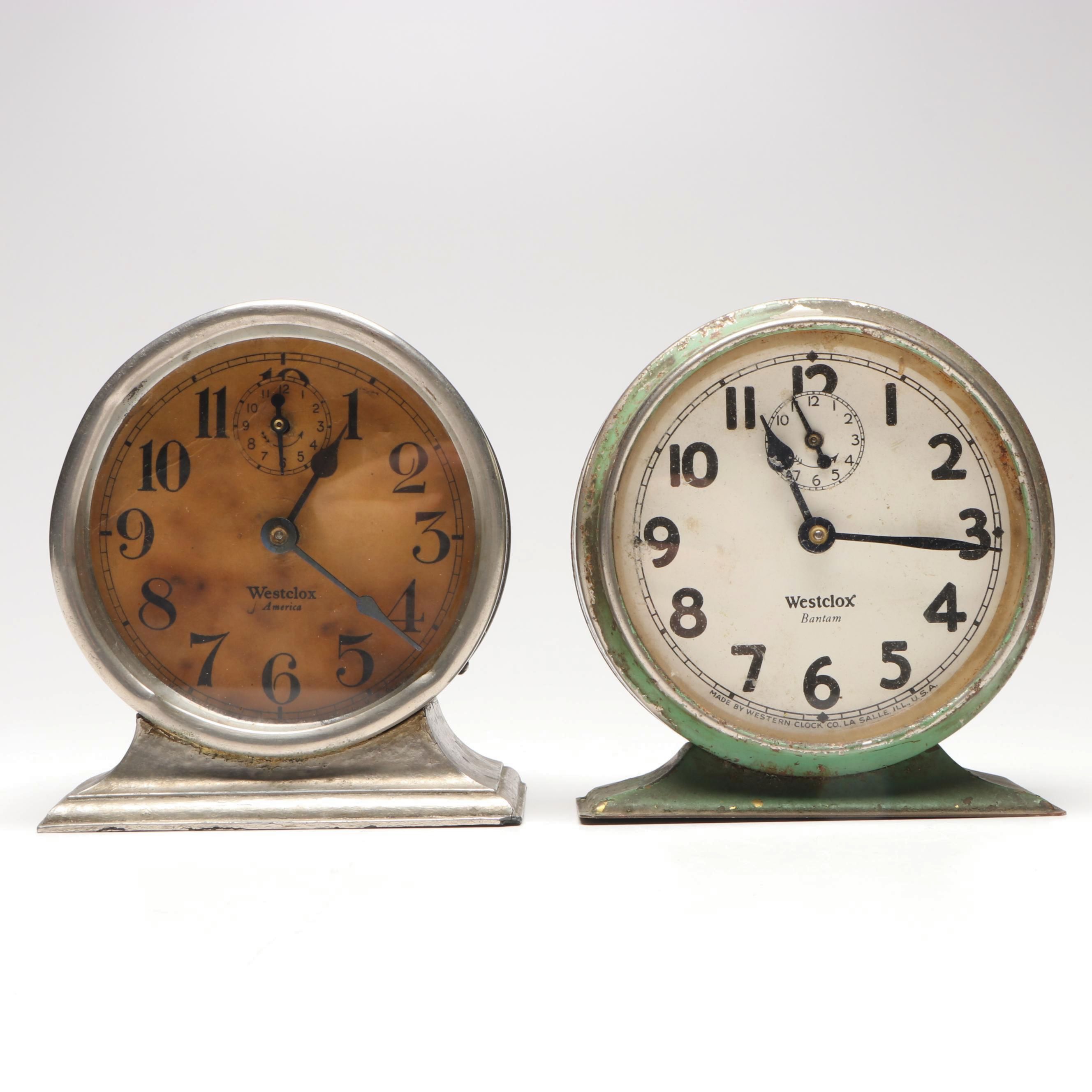 Westclox "Bantam" and "America" Metal Alarm Clocks, Mid-20th Century