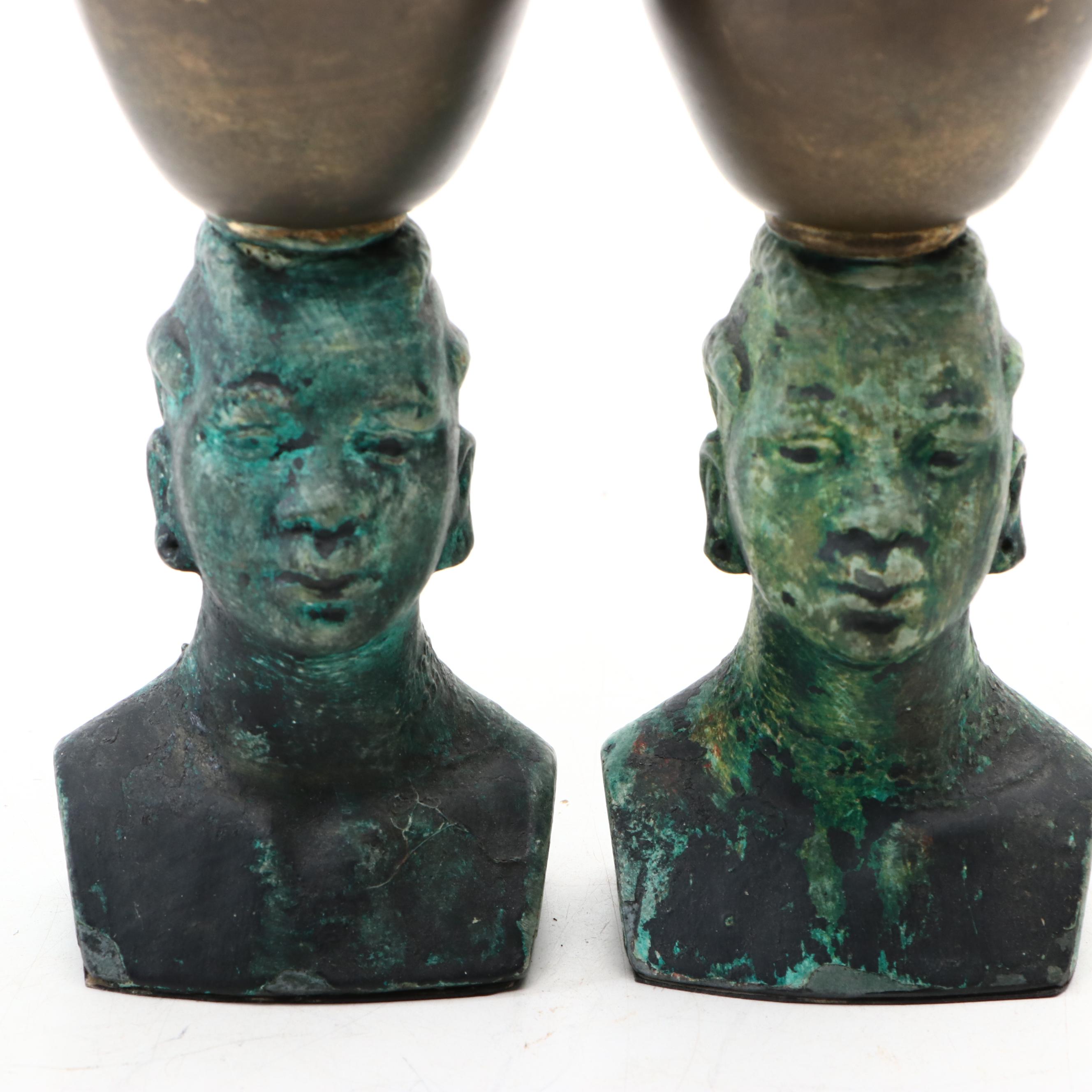 Mid Century Modern Patinated Metal Busts with Brass Bowls