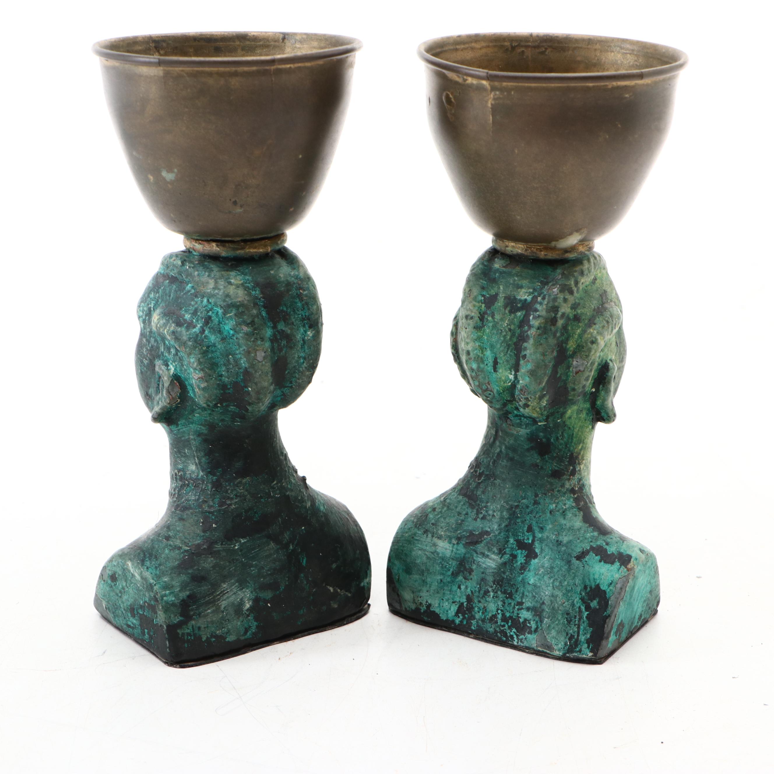 Mid Century Modern Patinated Metal Busts with Brass Bowls