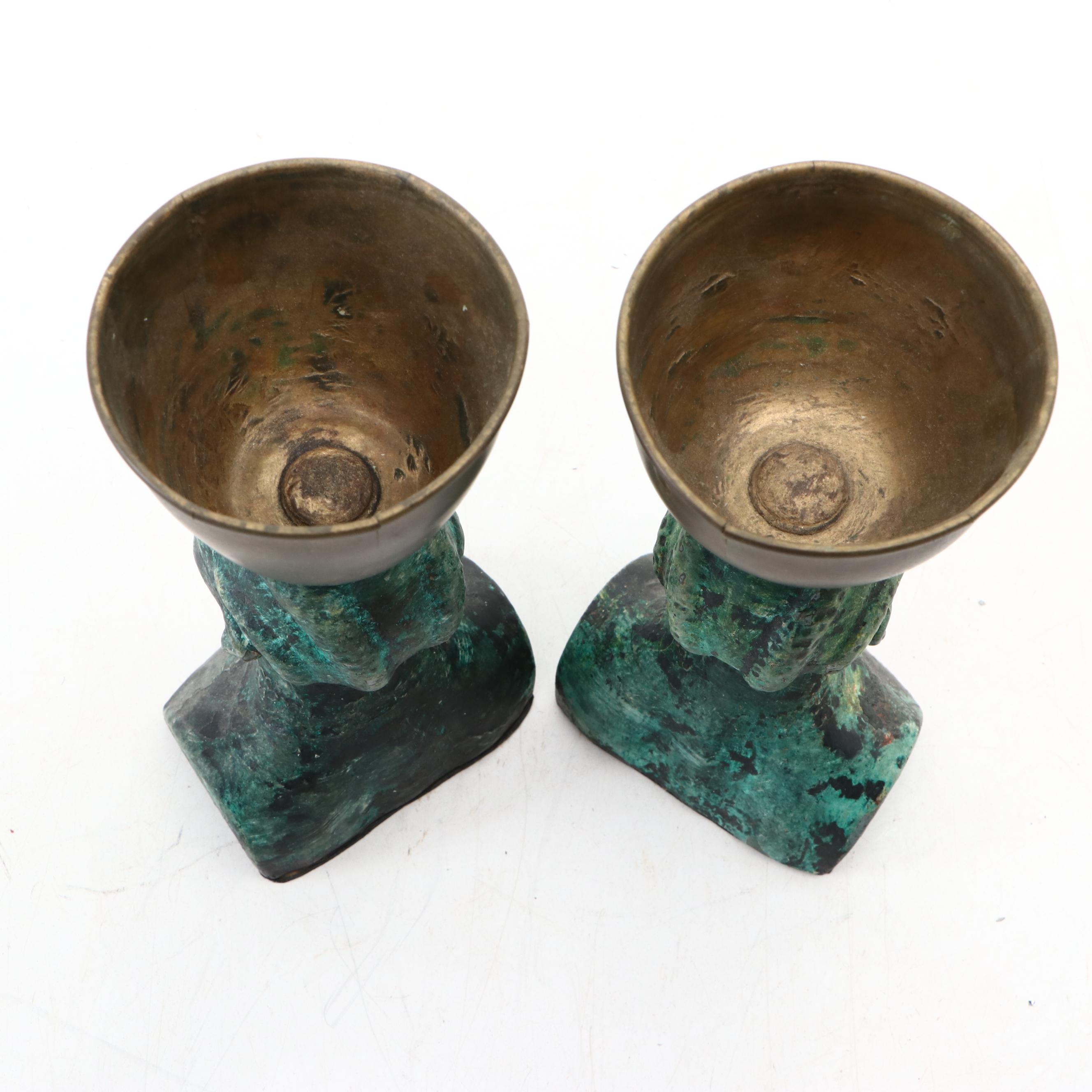 Mid Century Modern Patinated Metal Busts with Brass Bowls