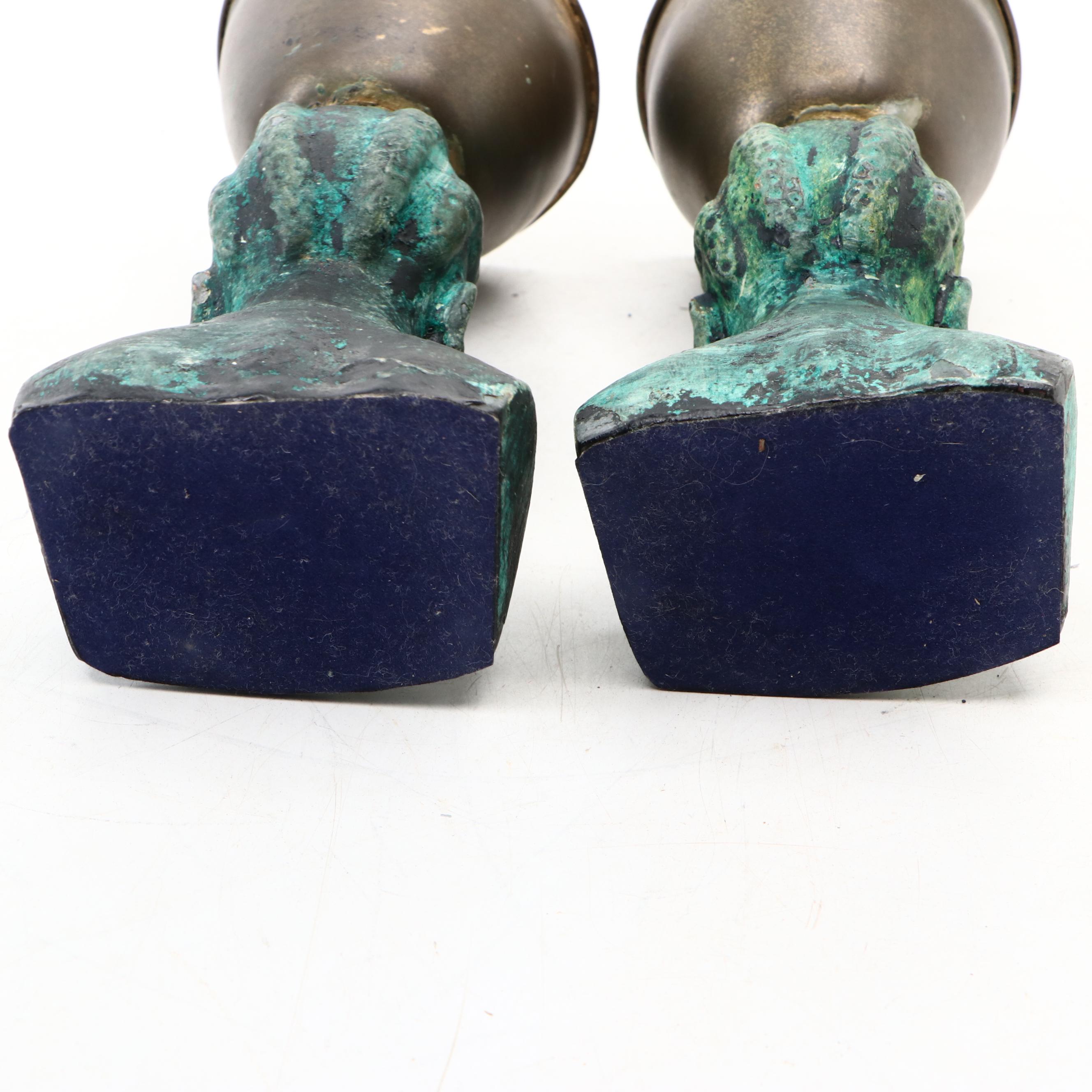 Mid Century Modern Patinated Metal Busts with Brass Bowls