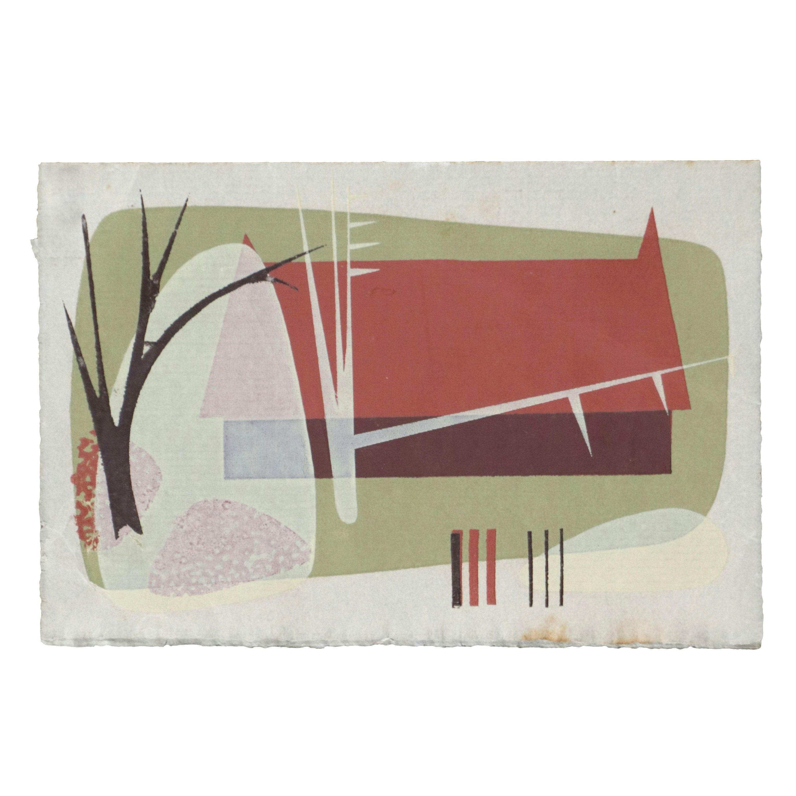 American School Serigraph of Abstracted Barn with Trees