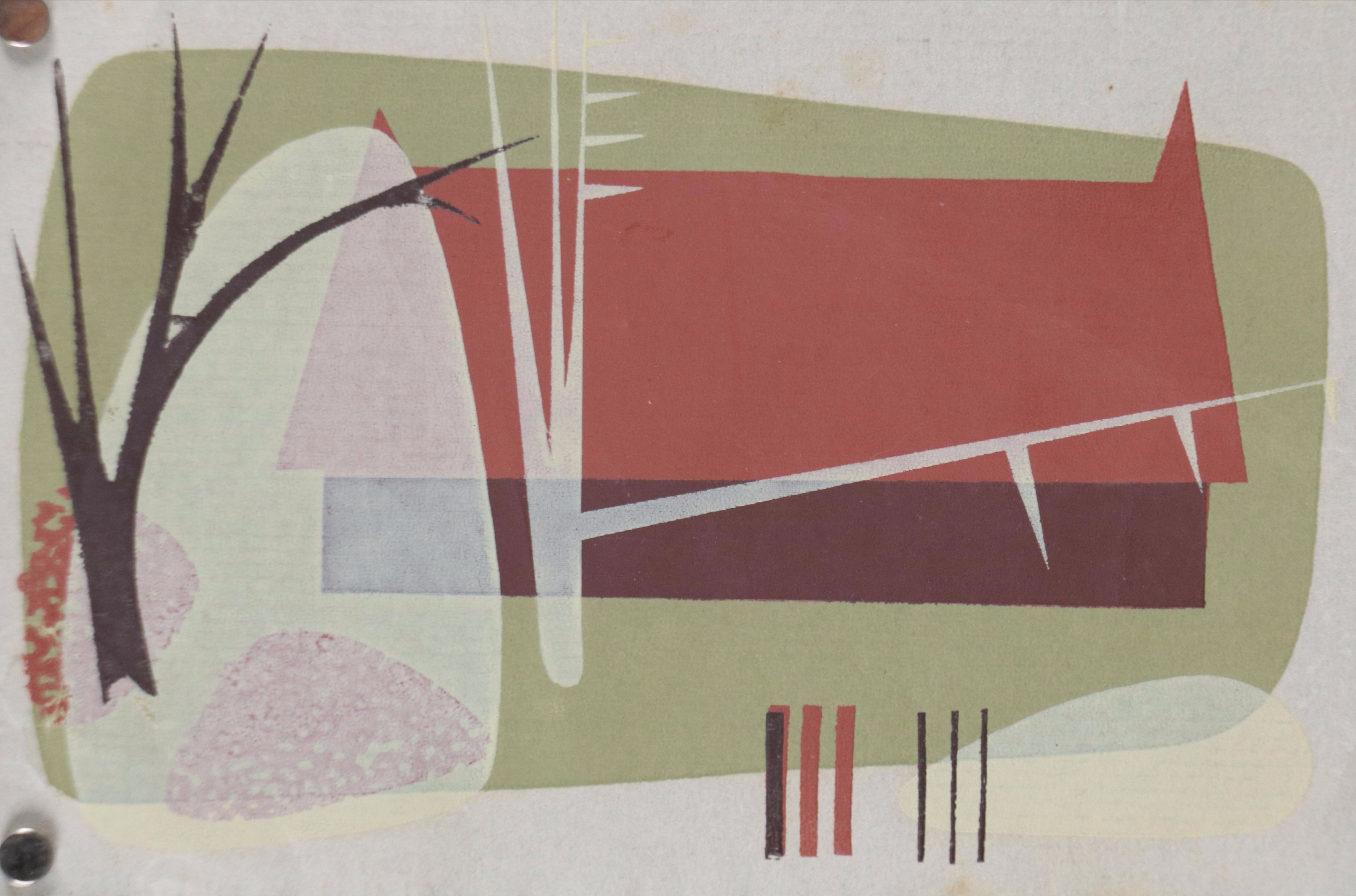 American School Serigraph of Abstracted Barn with Trees