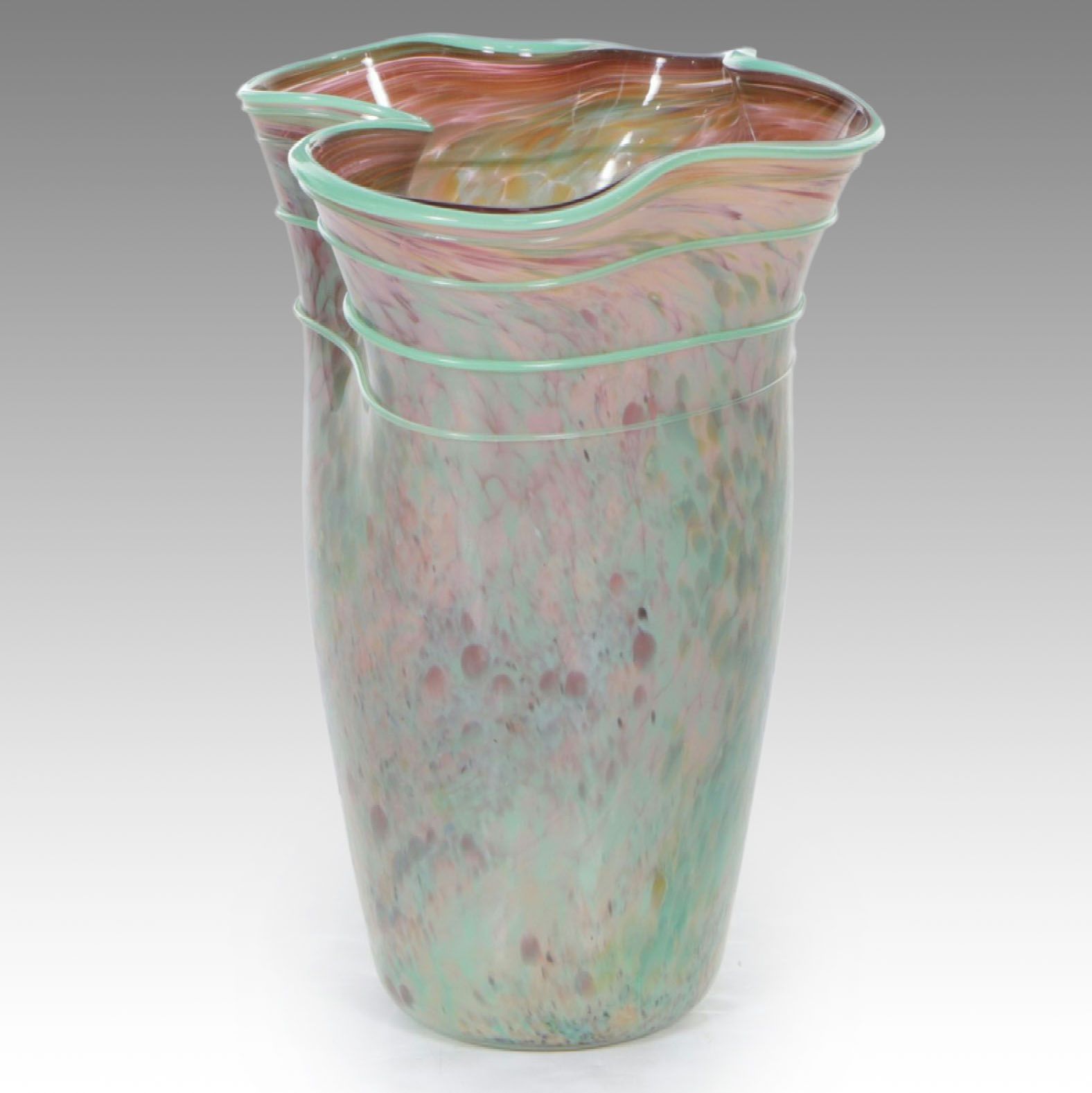 Monart Style Hand-Blown Mottled Art Glass Vase in Hues of Aqua and Pink