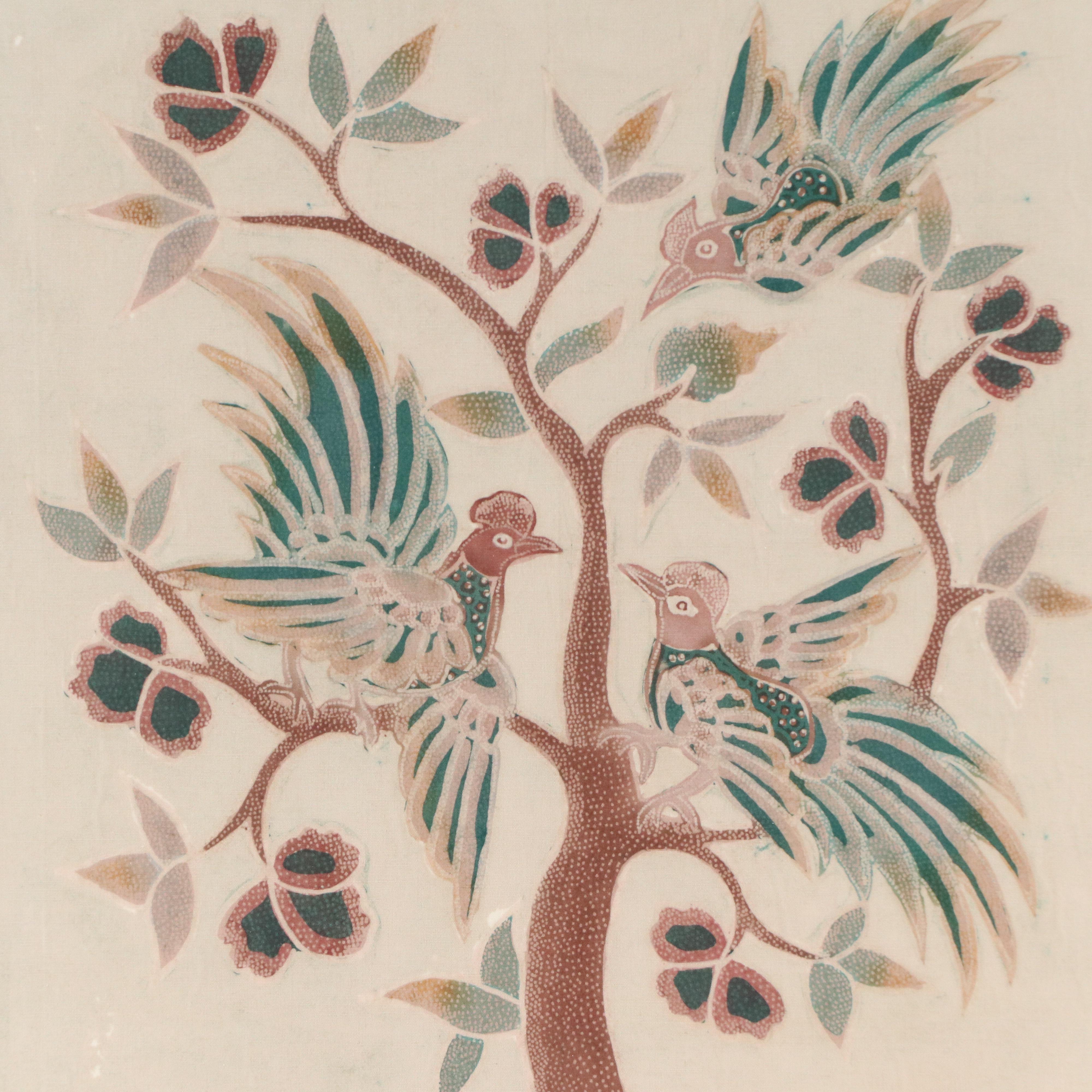 Artist Signed Handmade Indonesian Batik of Pheasants in a Tree, Framed