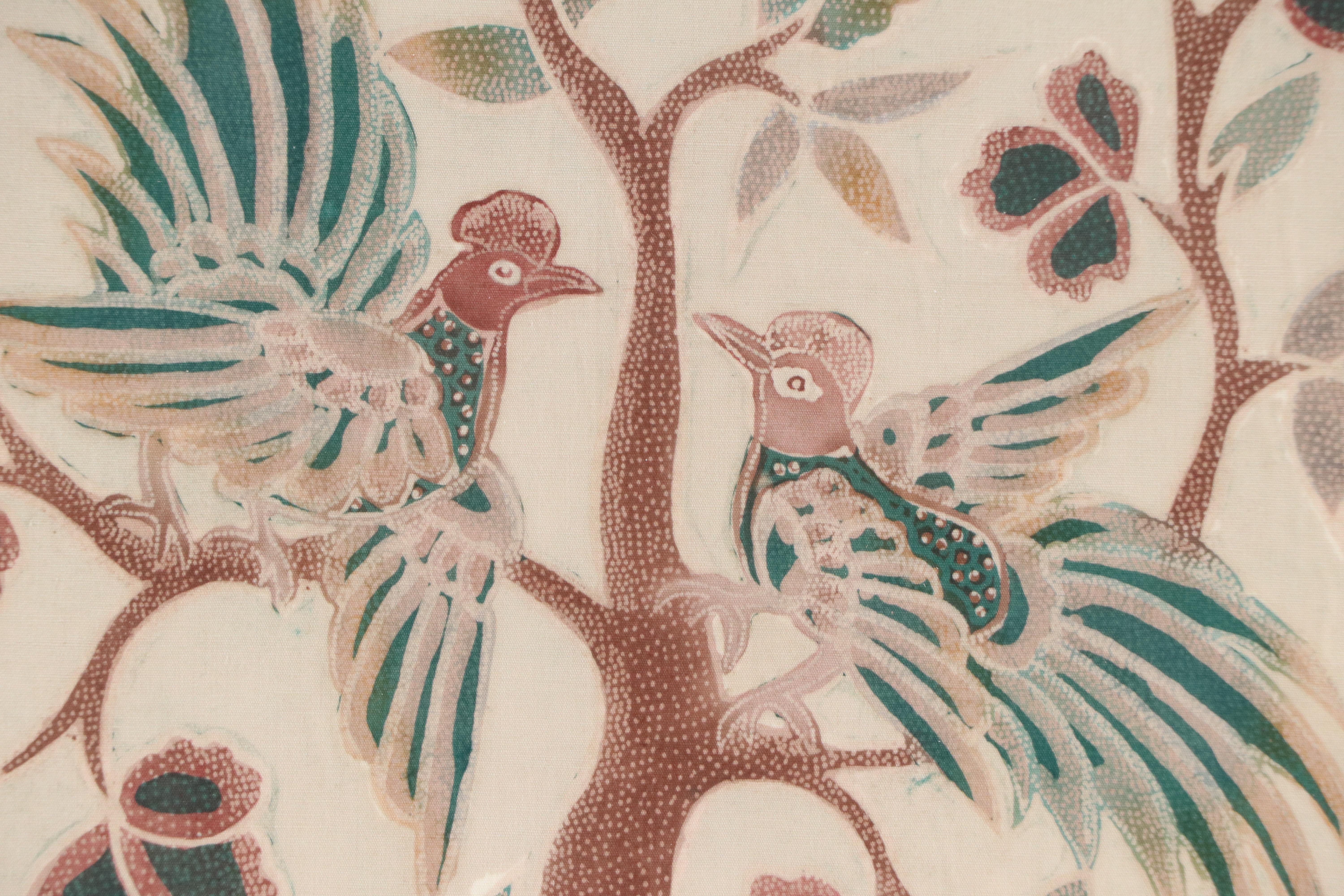 Artist Signed Handmade Indonesian Batik of Pheasants in a Tree, Framed